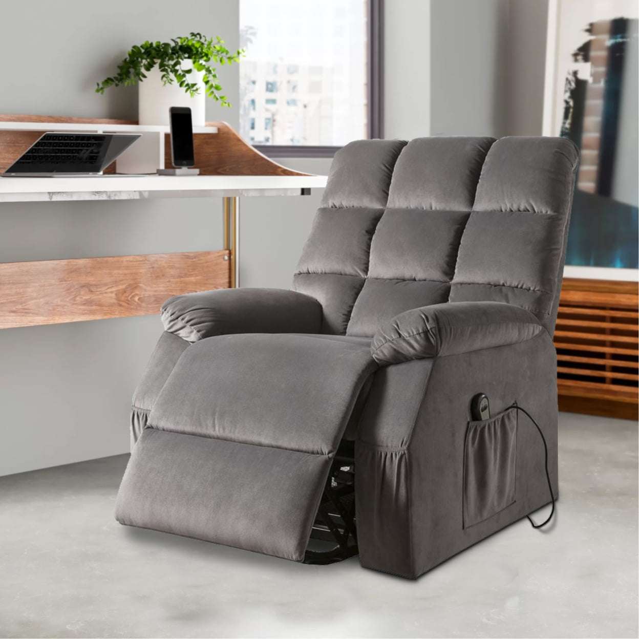 Contemporary Velvet and Metal Recliner with Power Lift, Gray- Saltoro Sherpi