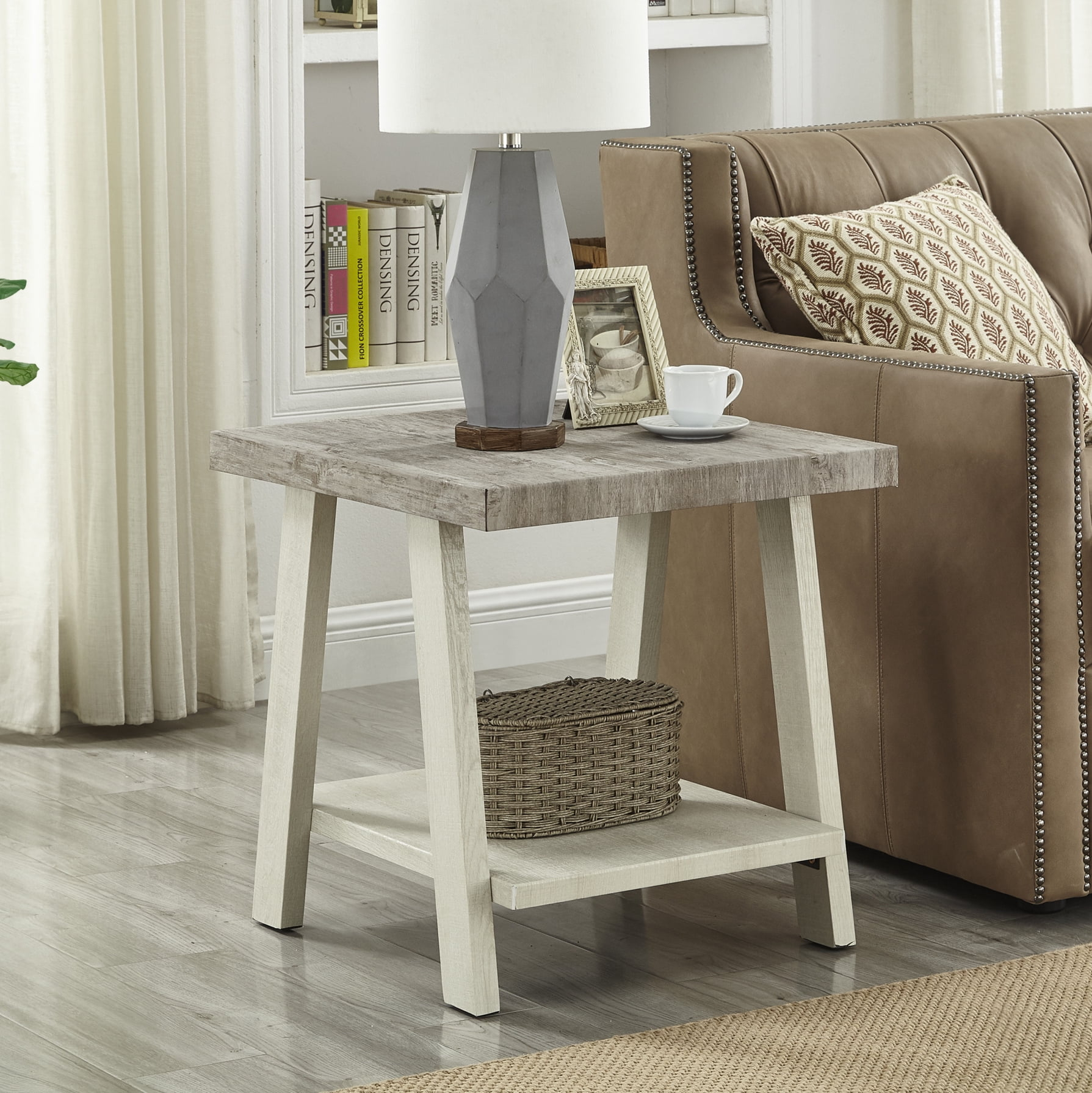 Roundhill Furniture Athens Contemporary Two-Tone Wood Shelf End Table in Weathered Gray and Beige