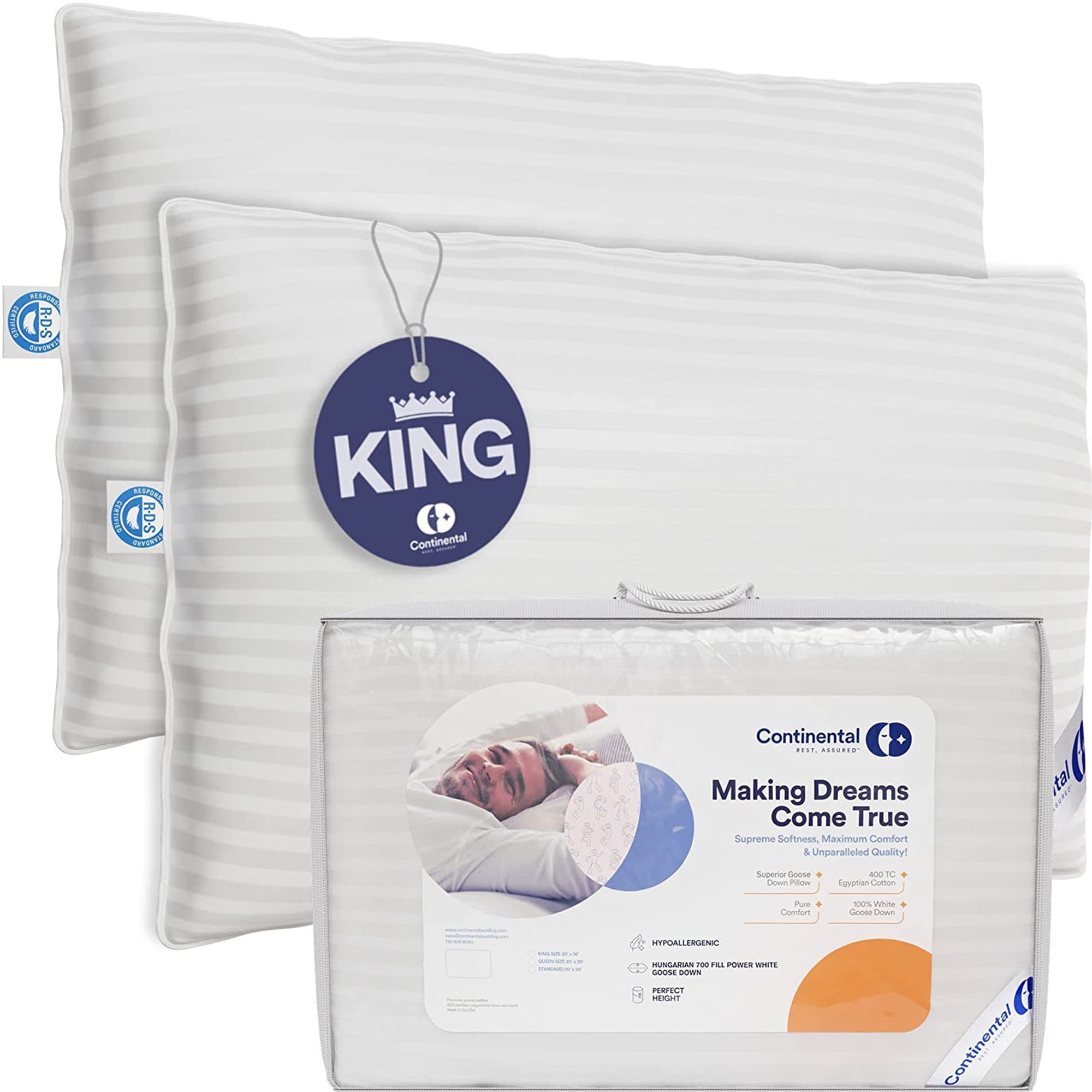 Continental Bedding Hungarian Goose Down Pillows Set King Size 100% Down Pillow, 2 Pack