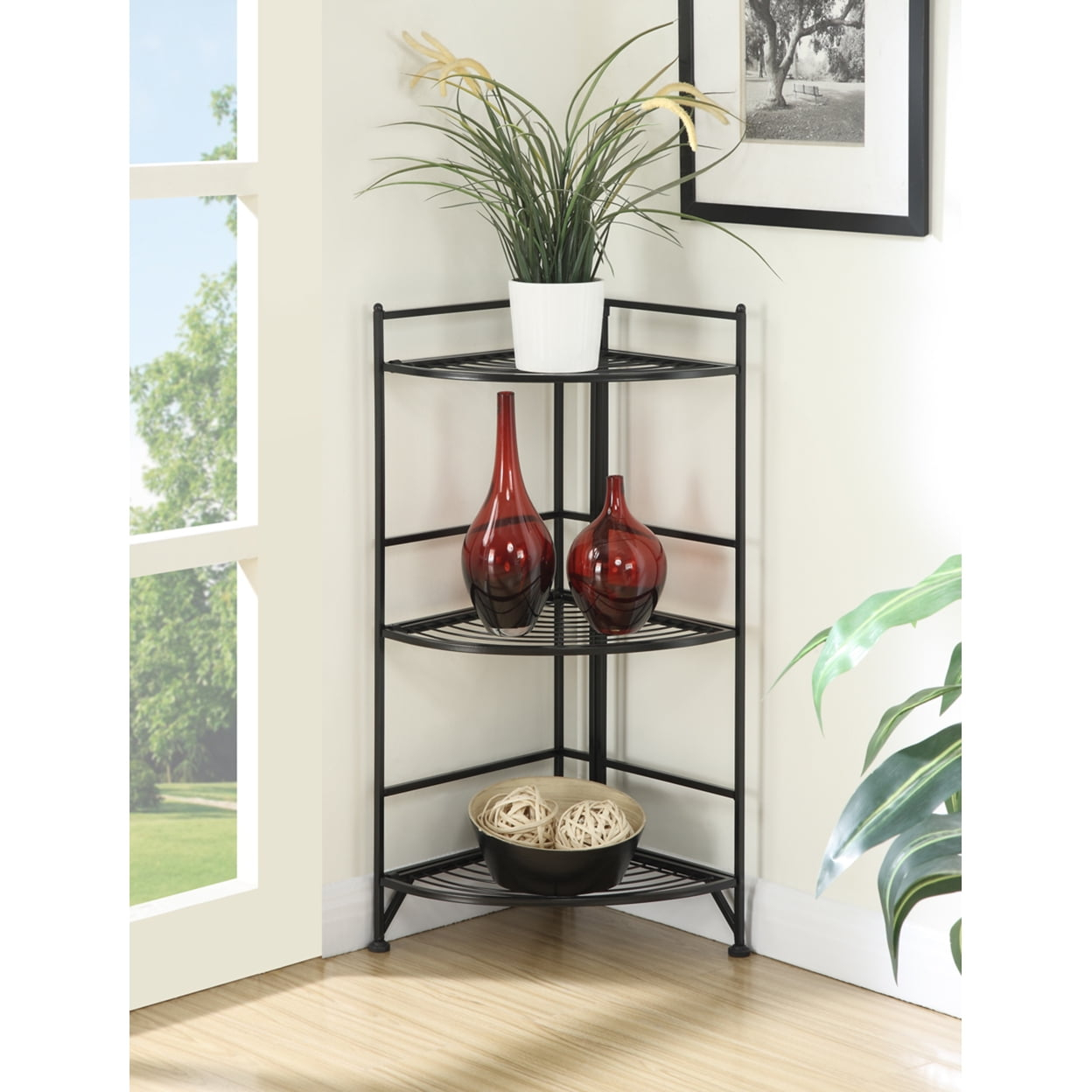 Convenience Concepts 3-Tier Corner Folding Metal Corner Shelf, Black