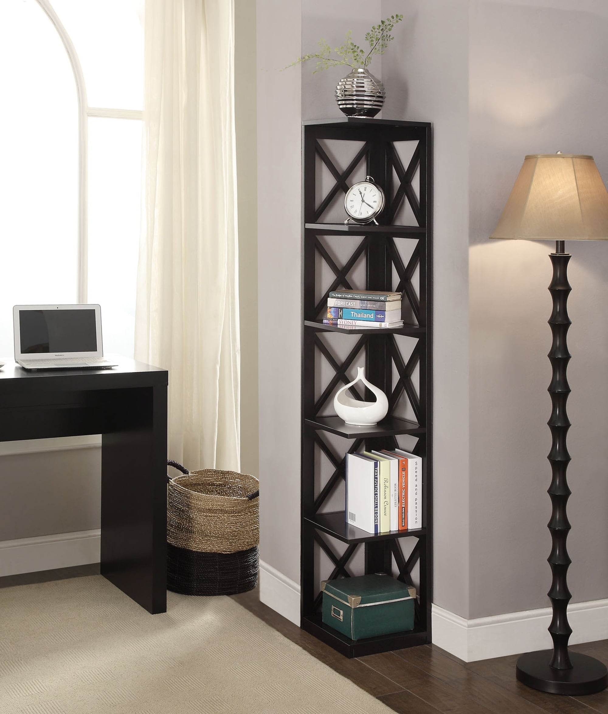 Open Box Convenience Concepts 5 Tier Shelf X Frame Home Corner Bookcase, Black