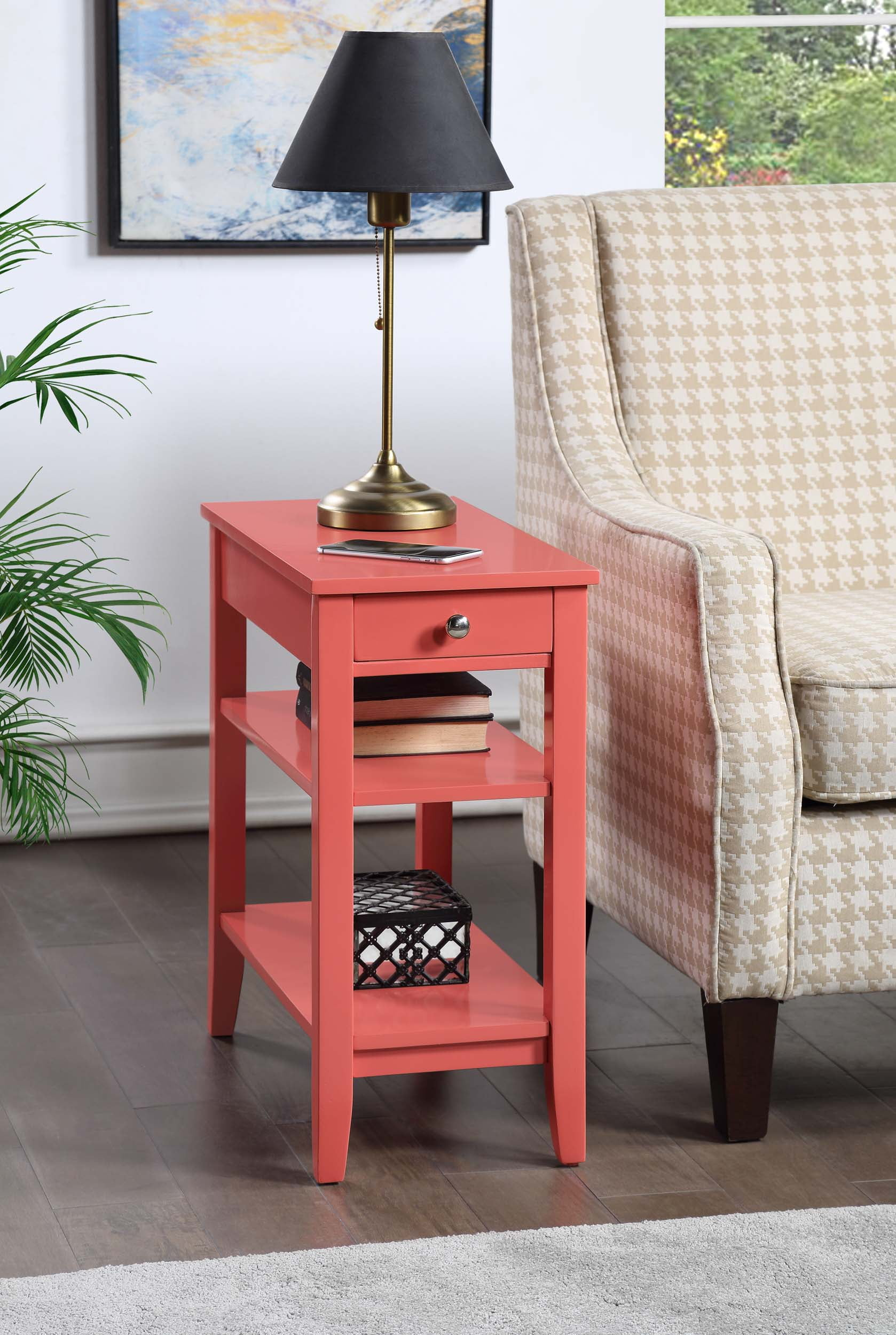 Convenience Concepts American Heritage 1 Drawer Chairside End Table with Shelves, Coral