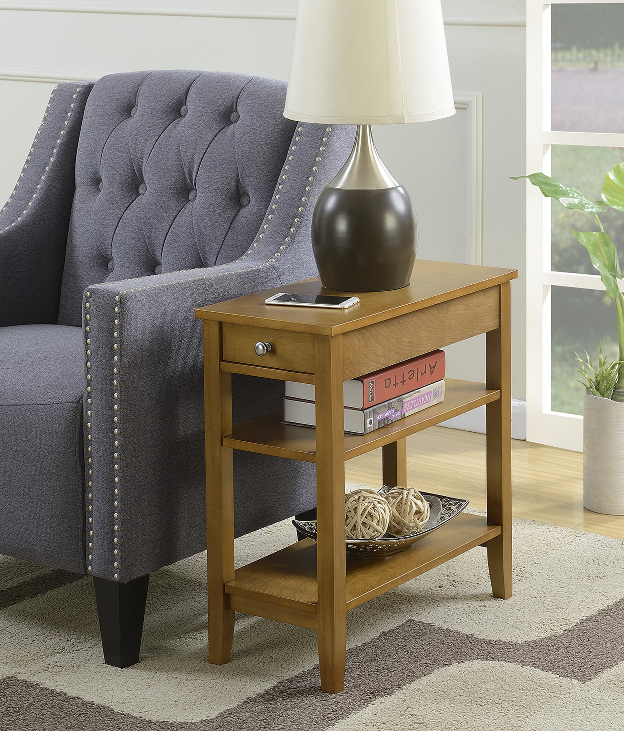 Convenience Concepts American Heritage 1 Drawer Chairside End Table with Shelves, Light Walnut