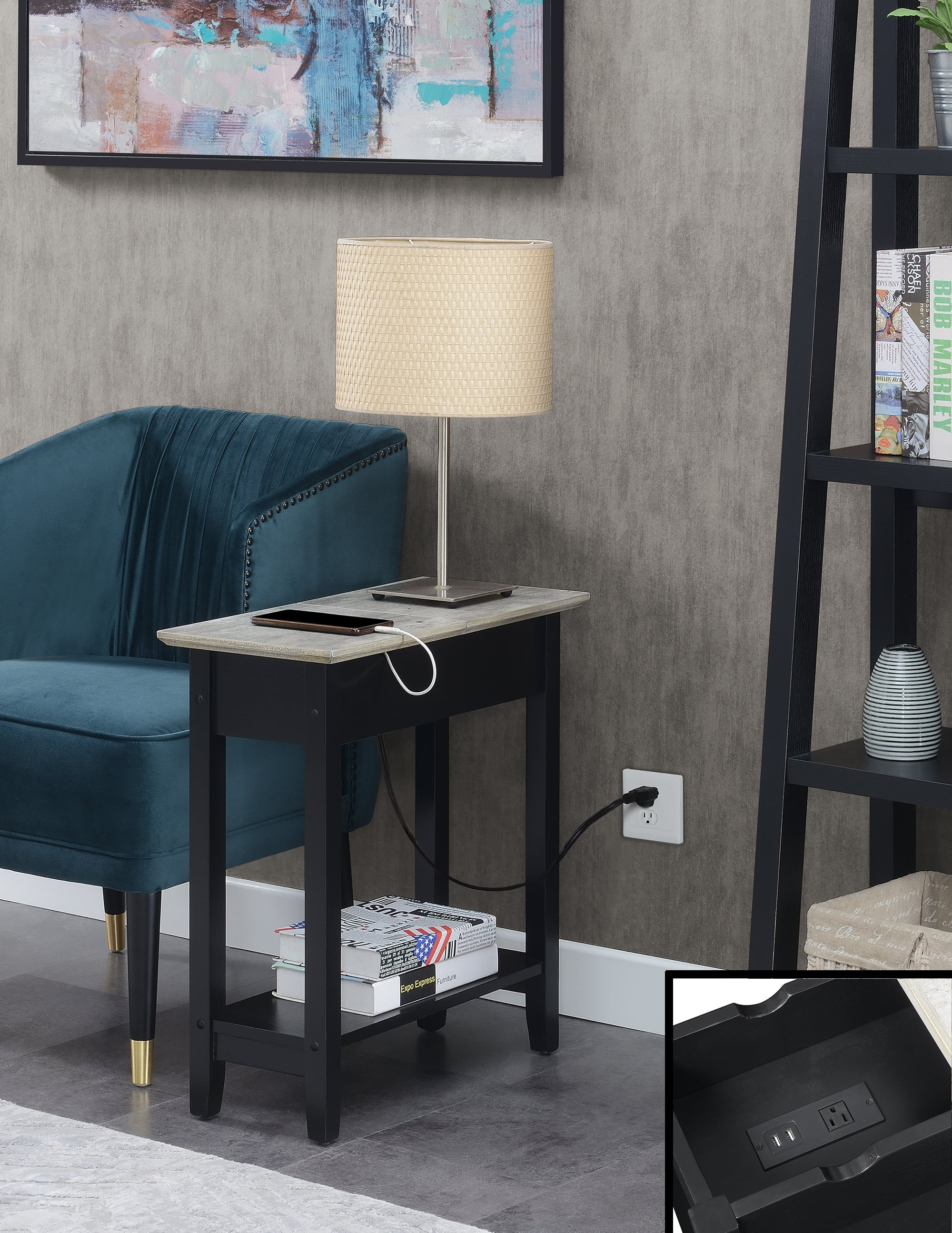 Convenience Concepts American Heritage Flip Top End Table with Charging Station, Faux Birch/Black