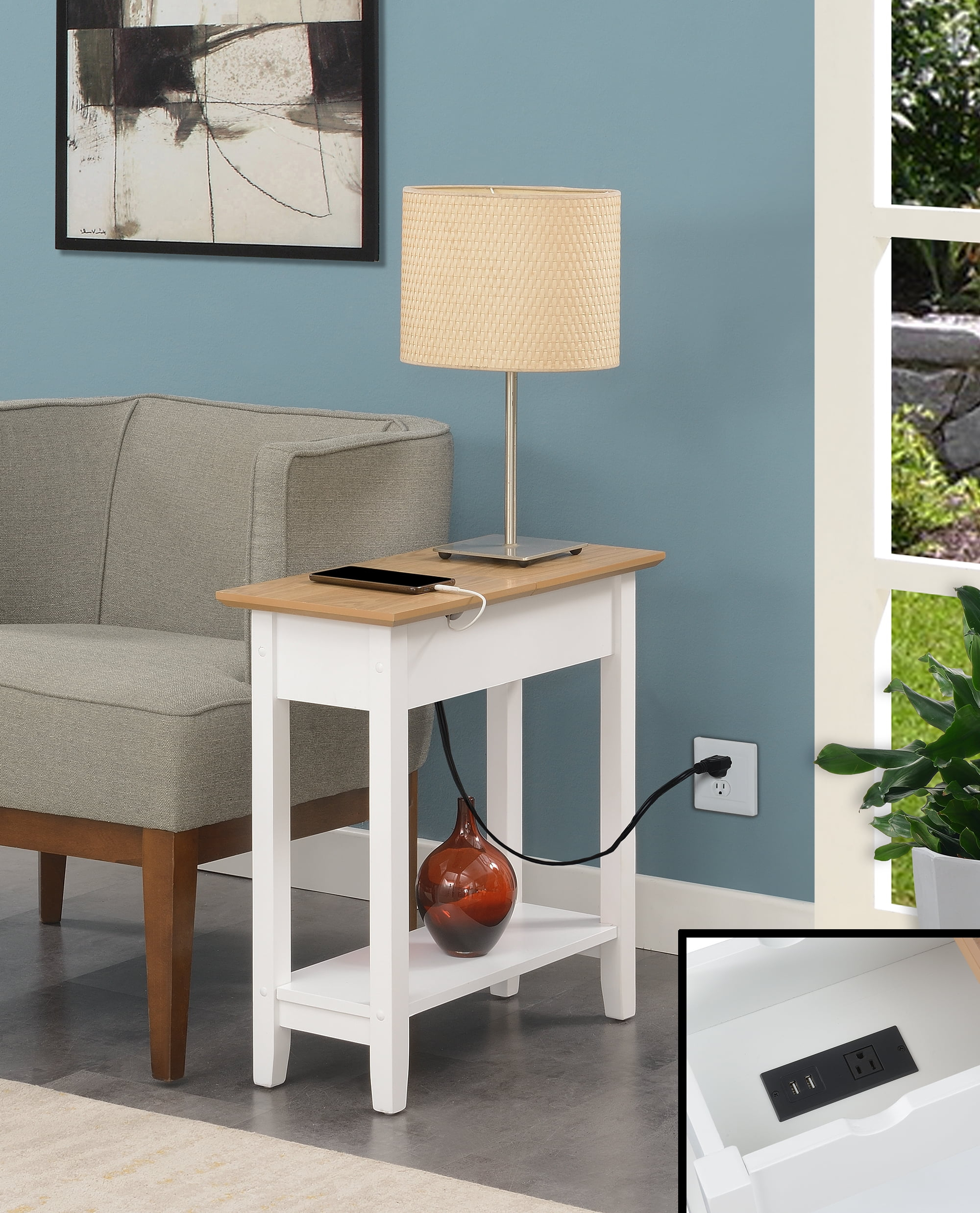 Convenience Concepts American Heritage Flip Top End Table with Charging Station and Shelf, Driftwood/White