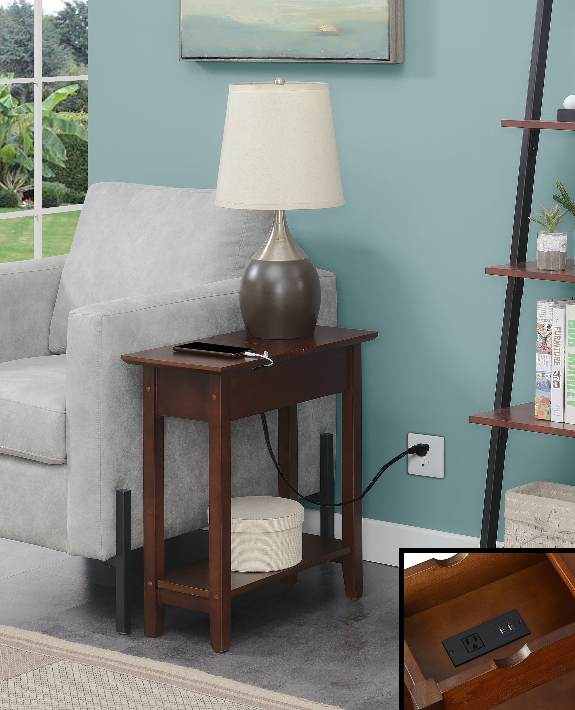 Convenience Concepts American Heritage Flip Top End Table with Charging Station and Shelf, Espresso