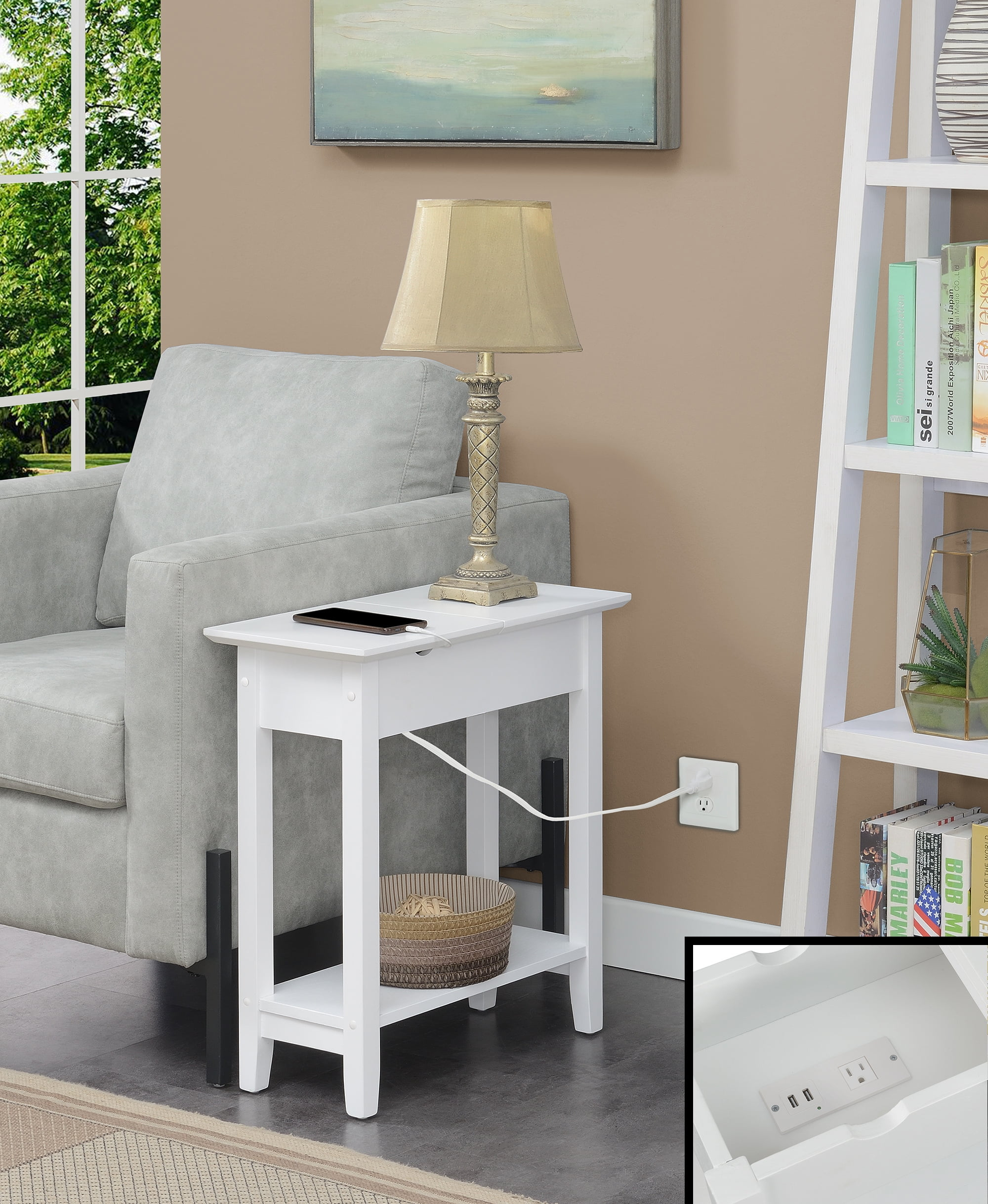 Convenience Concepts American Heritage Flip Top End Table with Charging Station and Shelf, White