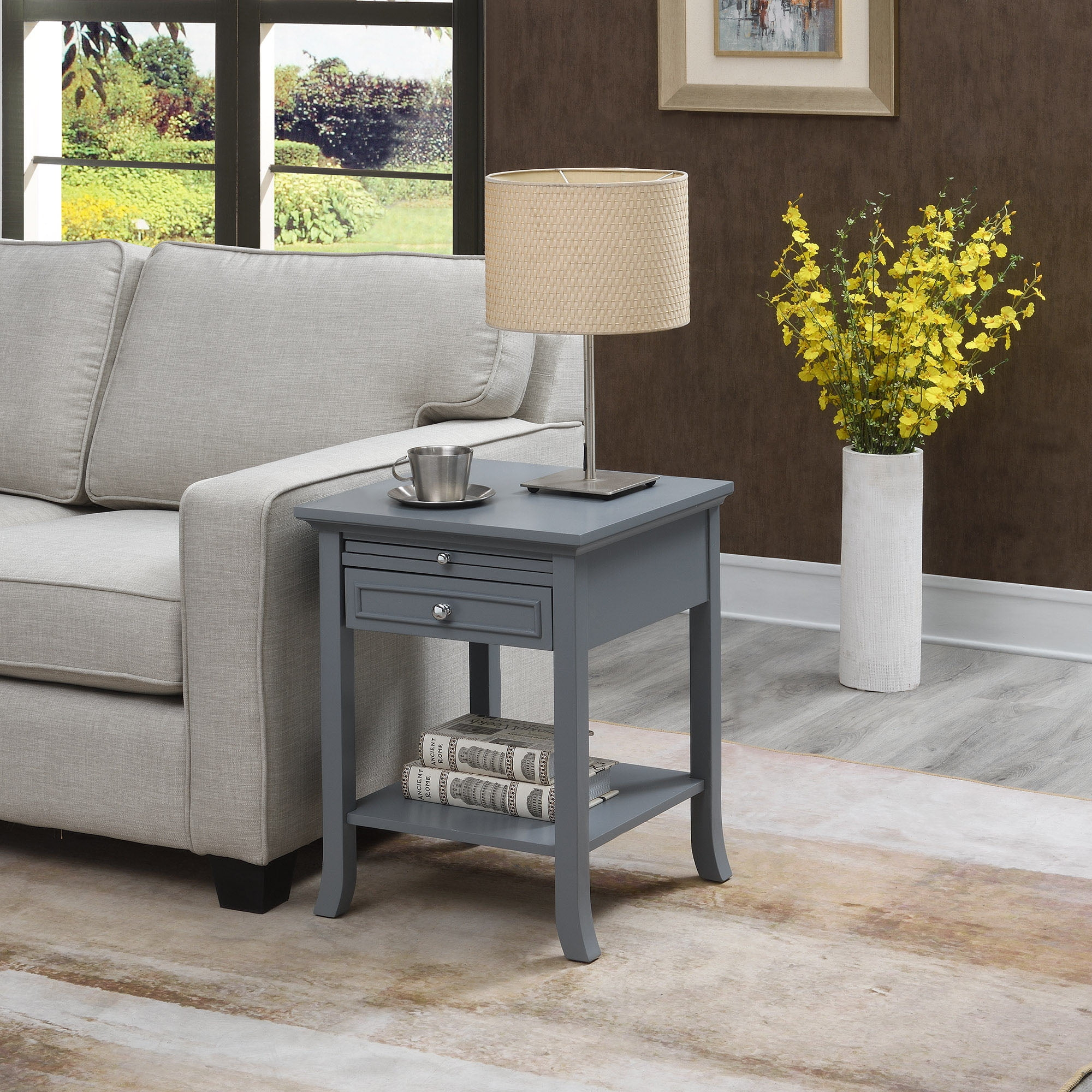 Convenience Concepts American Heritage Logan 1 Drawer End Table with Pull-Out Shelf, Gray