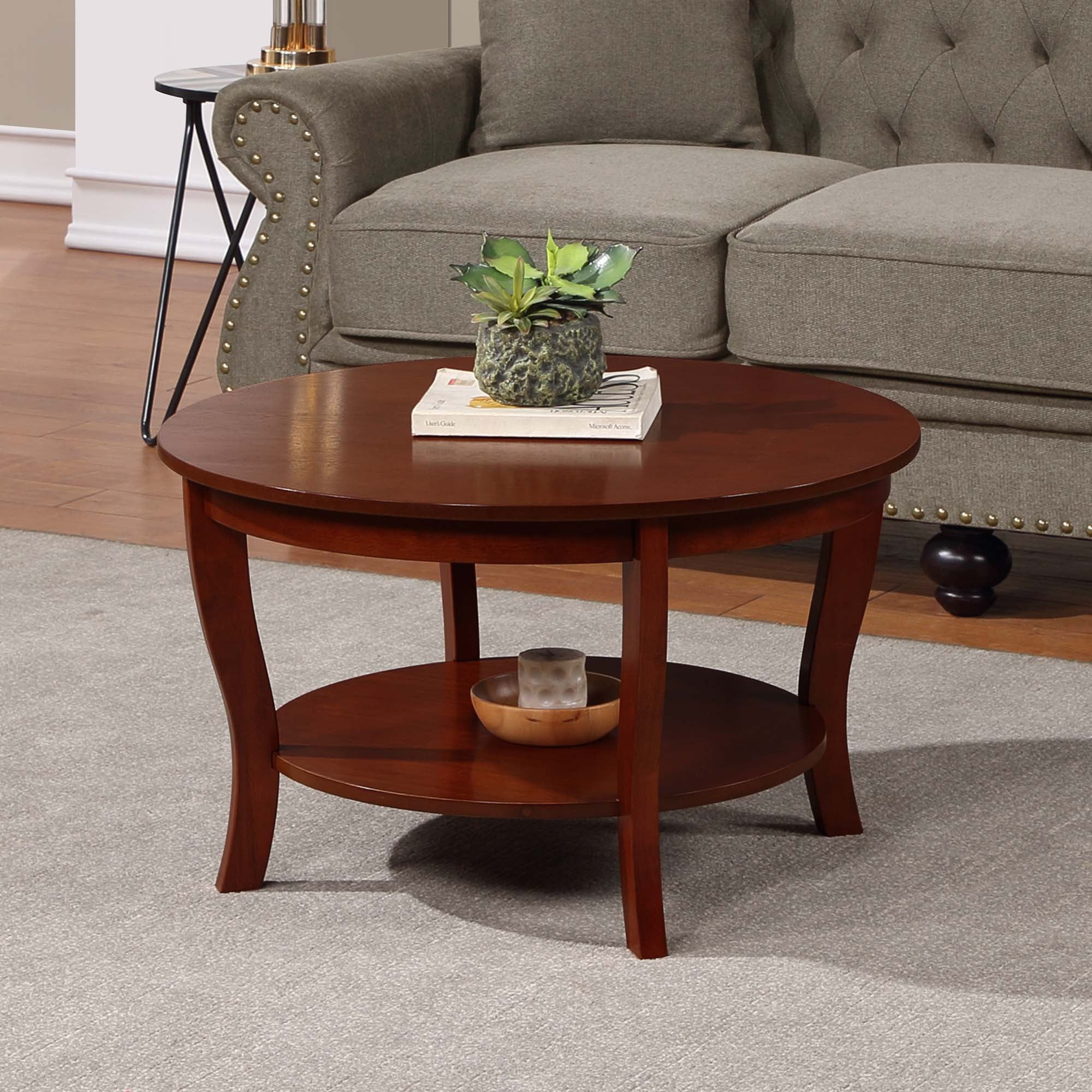 Convenience Concepts American Heritage Round MDF Coffee Table with Shelf, Mahogany