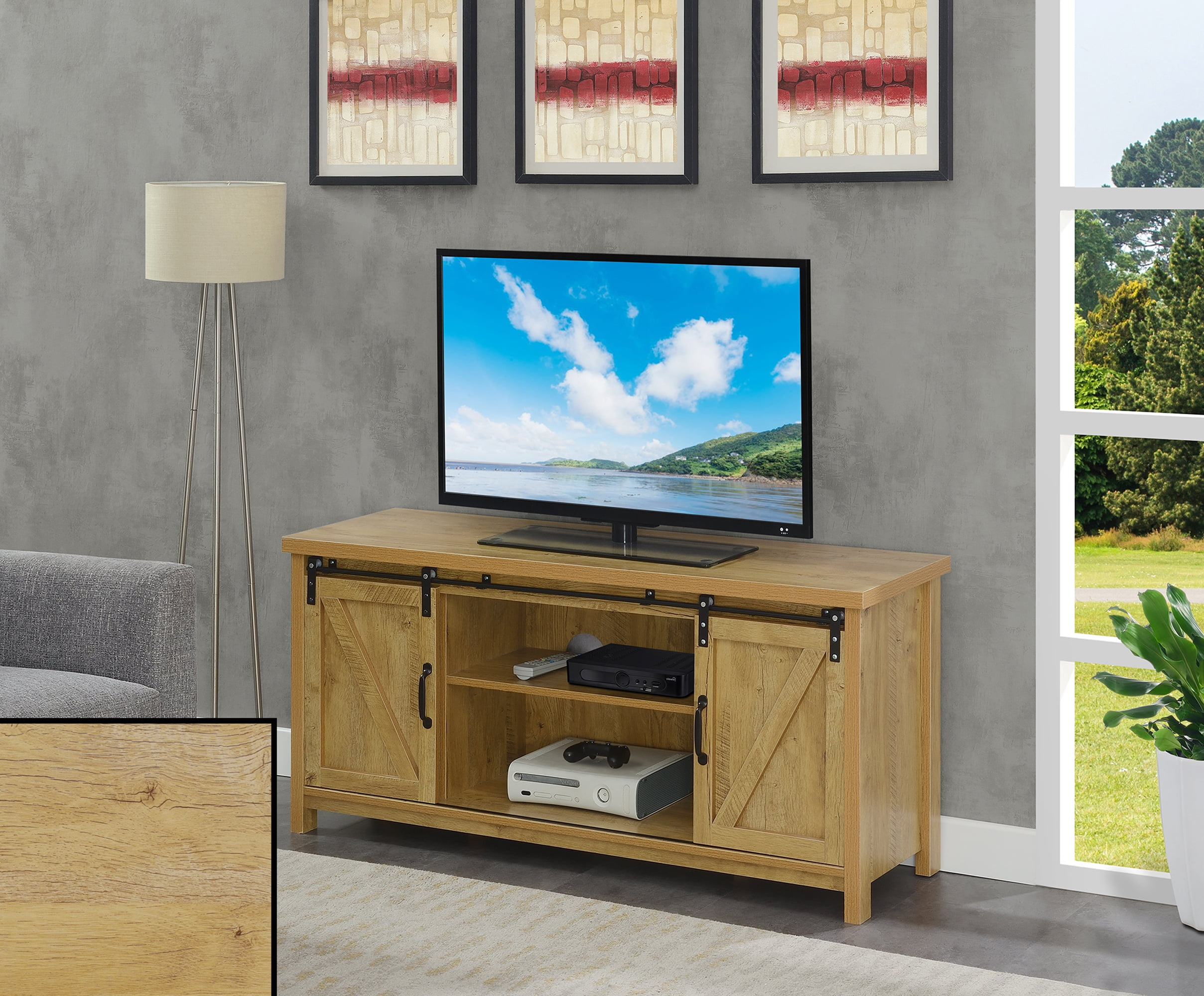 Convenience Concepts Blake Barn Door TV Stand with Shelves and Sliding Cabinets for TVs up to 60 Inches, English Oak
