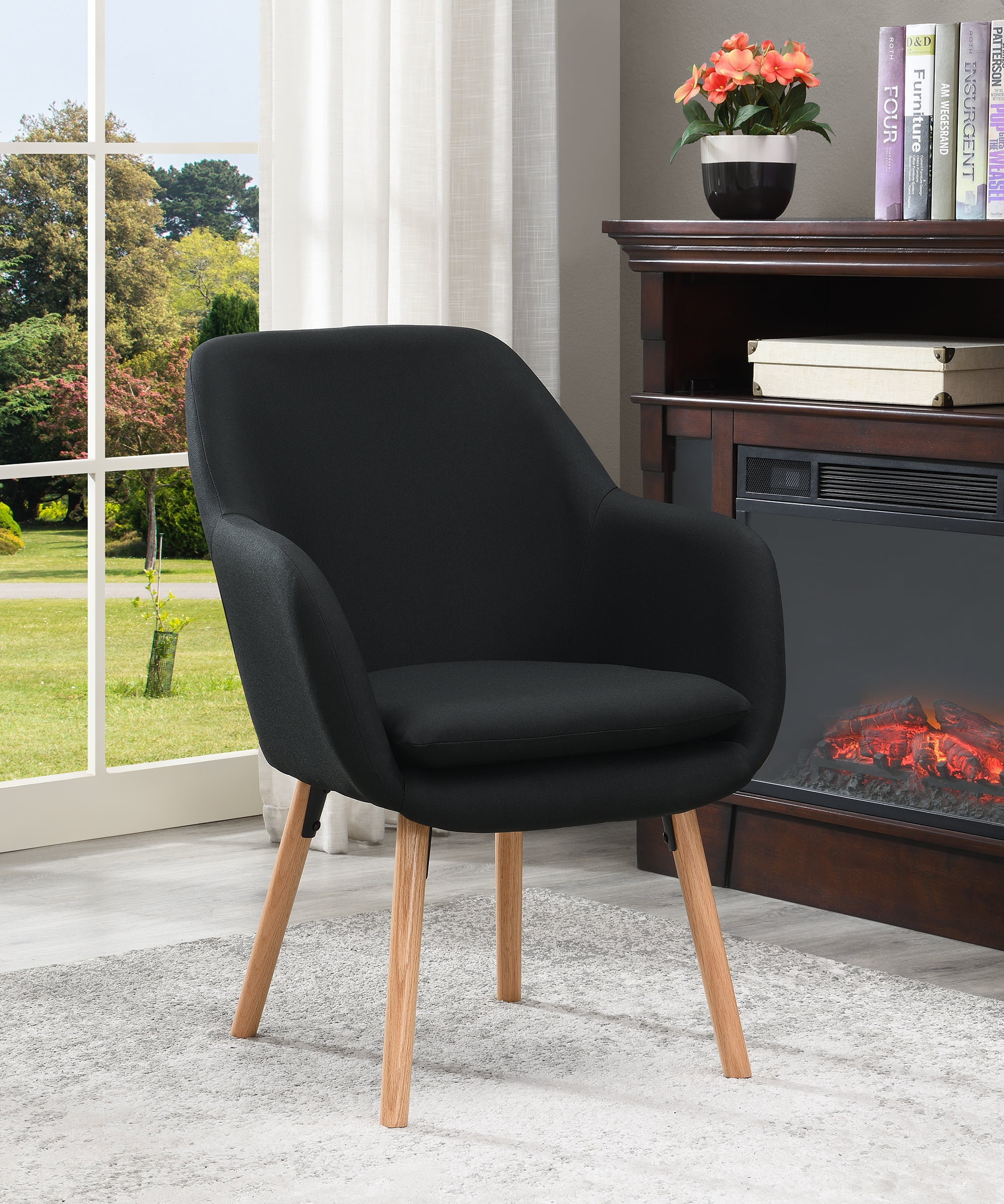 Convenience Concepts Charlotte Accent Chair in Black Linen Fabric with Wood Legs