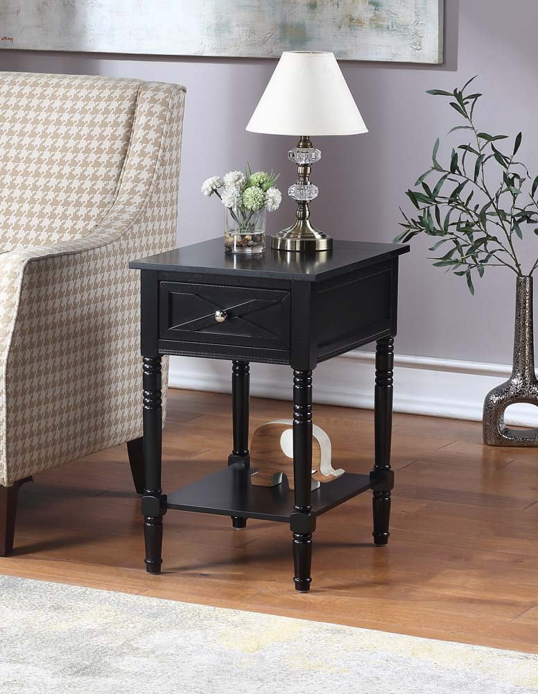Convenience Concepts Country Oxford 1 Drawer End Table with Charging Station and Shelf, Black
