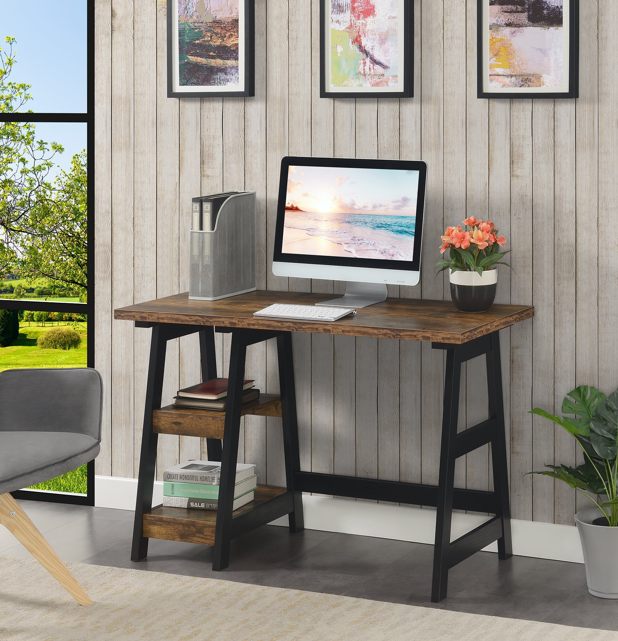 Convenience Concepts Designs2Go 29.25" Tall Trestle Desk with Shelves, Barnwood/Black
