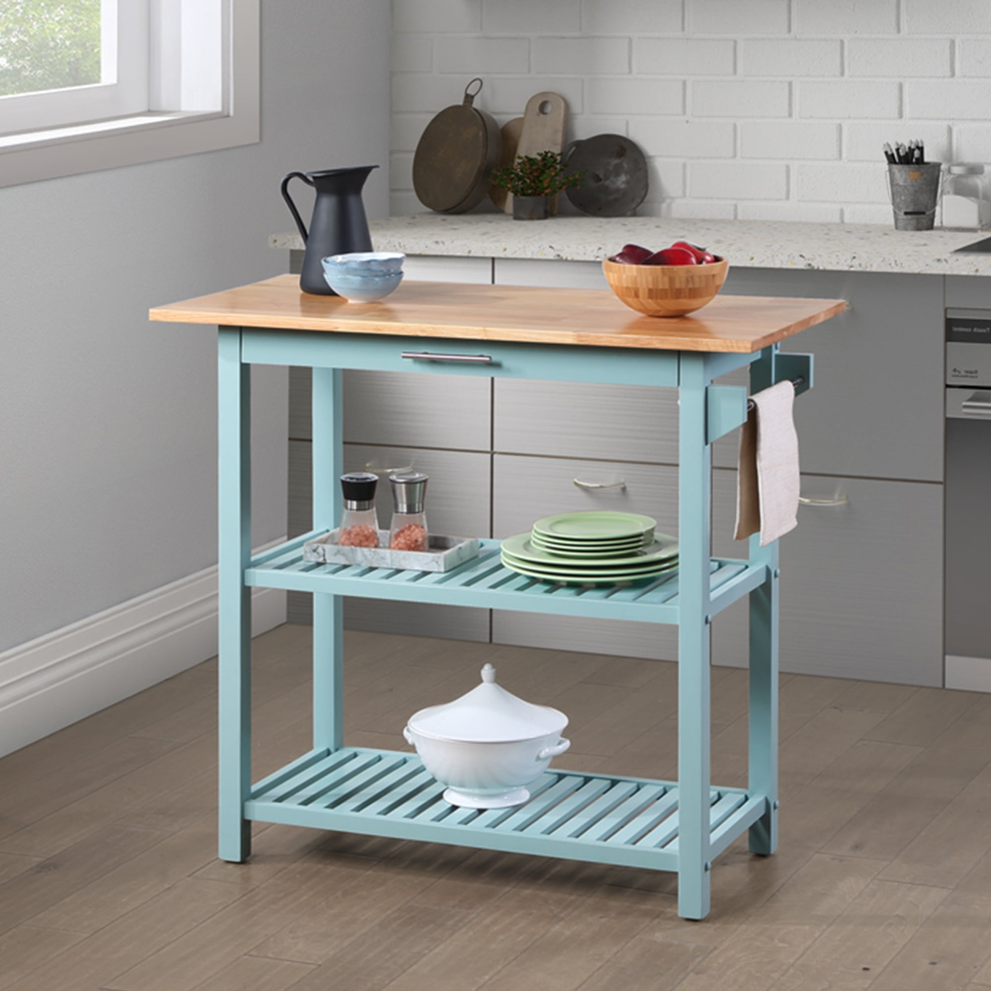 Convenience Concepts Kitchen Islands with Drawers, Rubberwood LVL Blue, 40 in