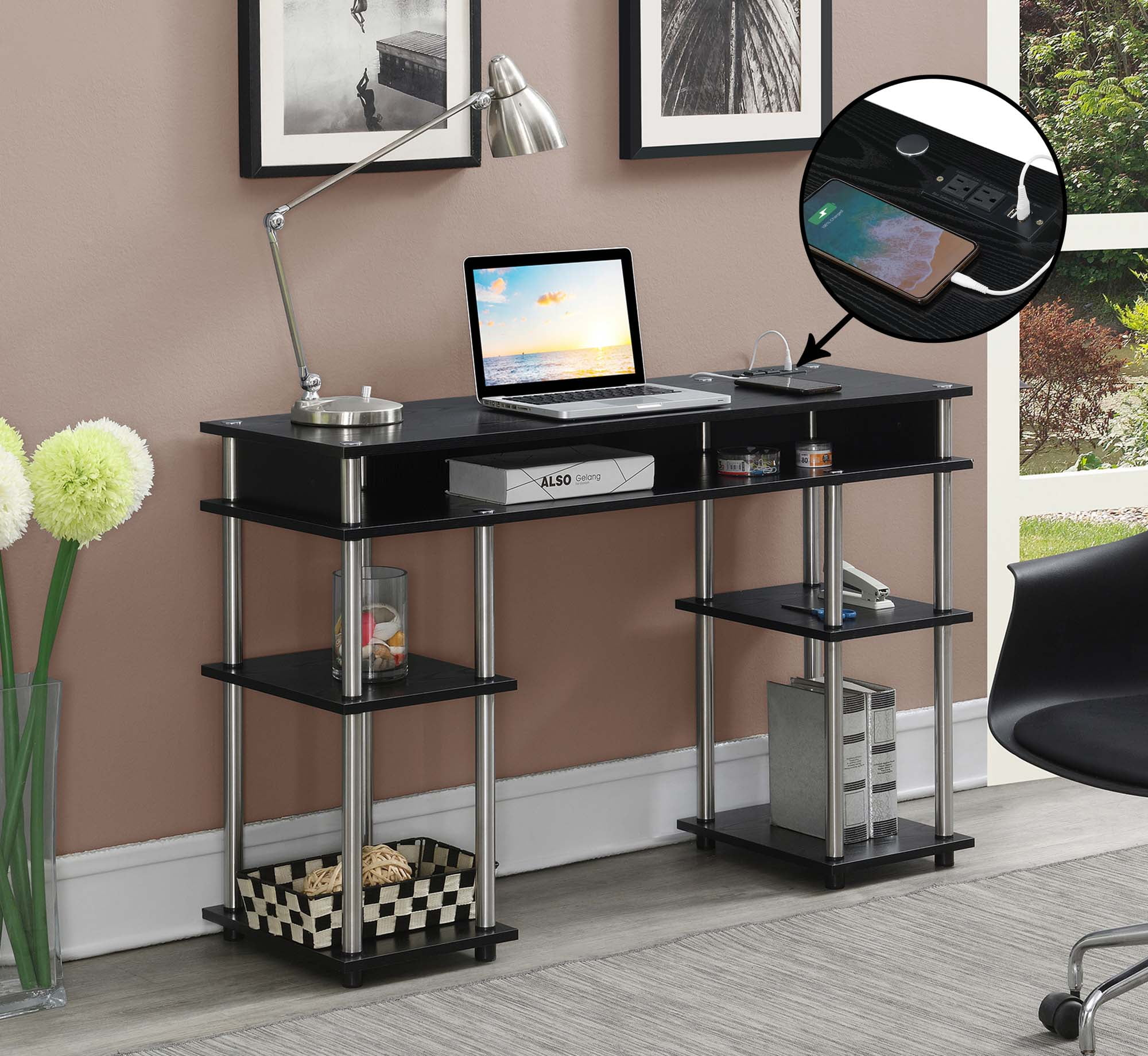 Convenience Concepts Designs2Go 30" Tall No Tools Student Desk with Charging Station and Shelves, Black