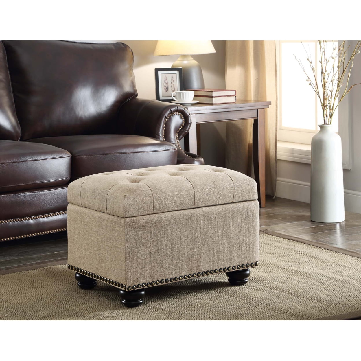 Designs4Comfort 5th Avenue Storage Ottoman in Beige Tan Fabric & Nail Head Trim