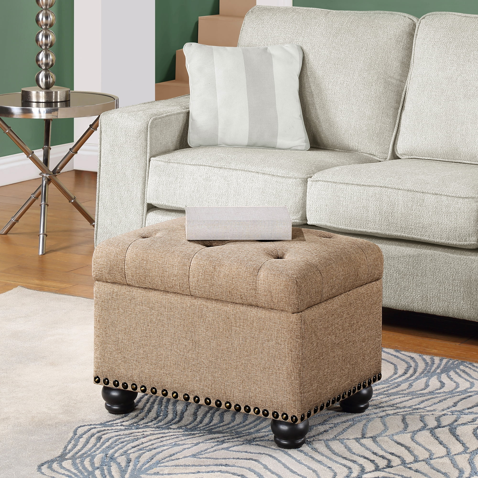Designs4Comfort 5th Avenue Storage Ottoman in Beige Tan Fabric & Nail Head Trim
