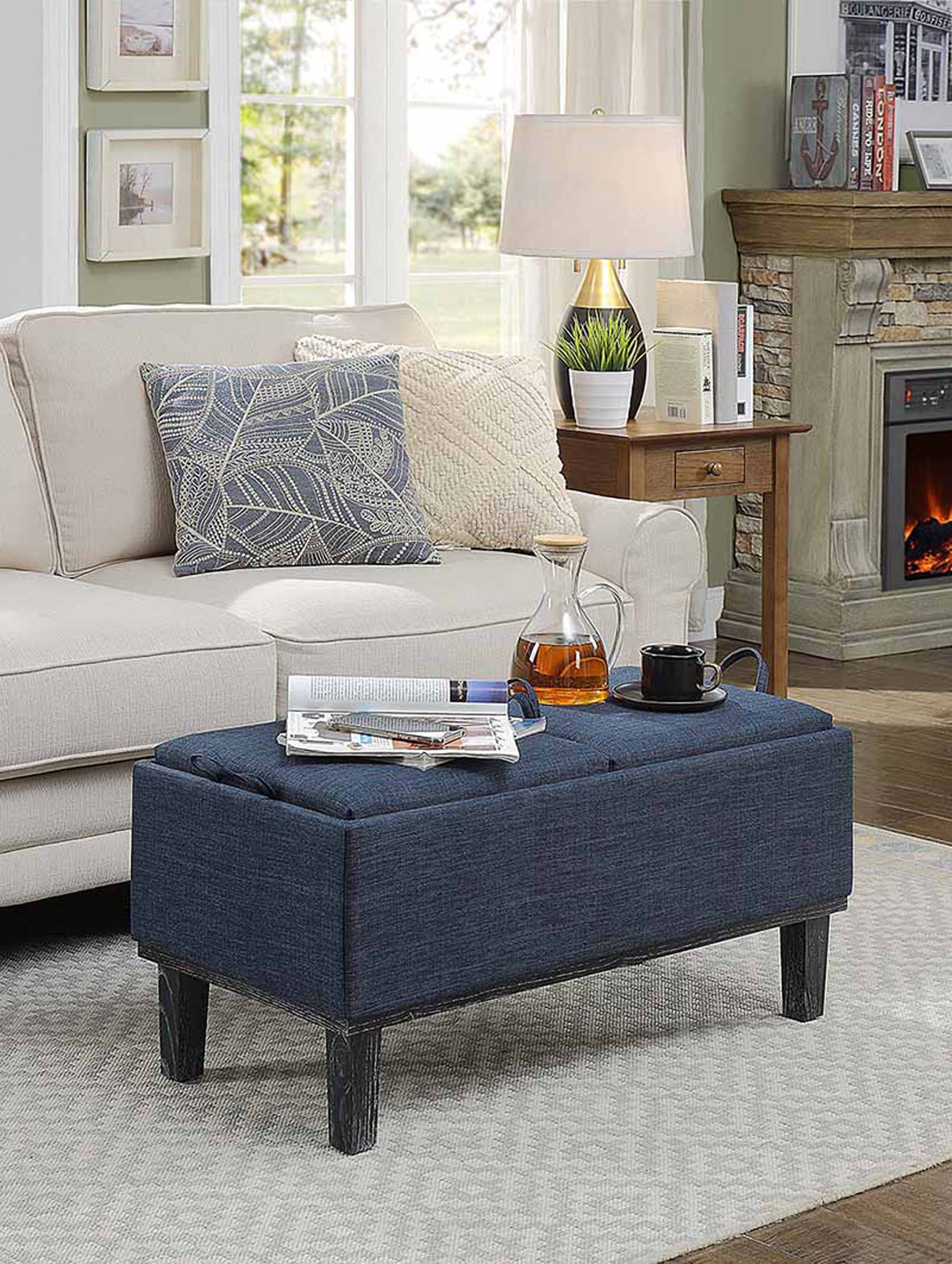 Convenience Concepts Designs4Comfort Brentwood Storage Ottoman, Dark Blue Fabric/Black