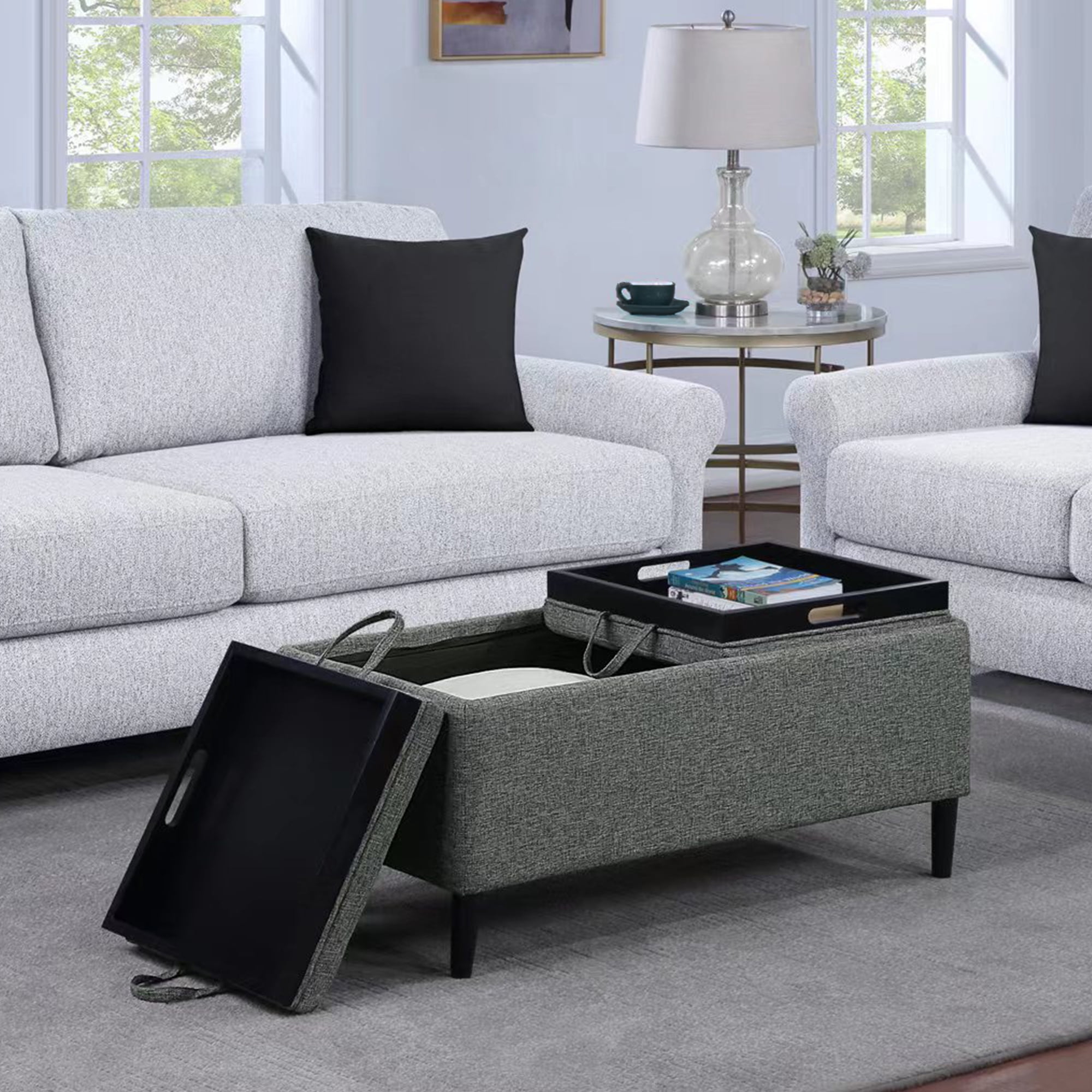 Convenience Concepts Designs4Comfort Magnolia Storage Ottoman with Reversible Trays, Light Charcoal Gray Fabric