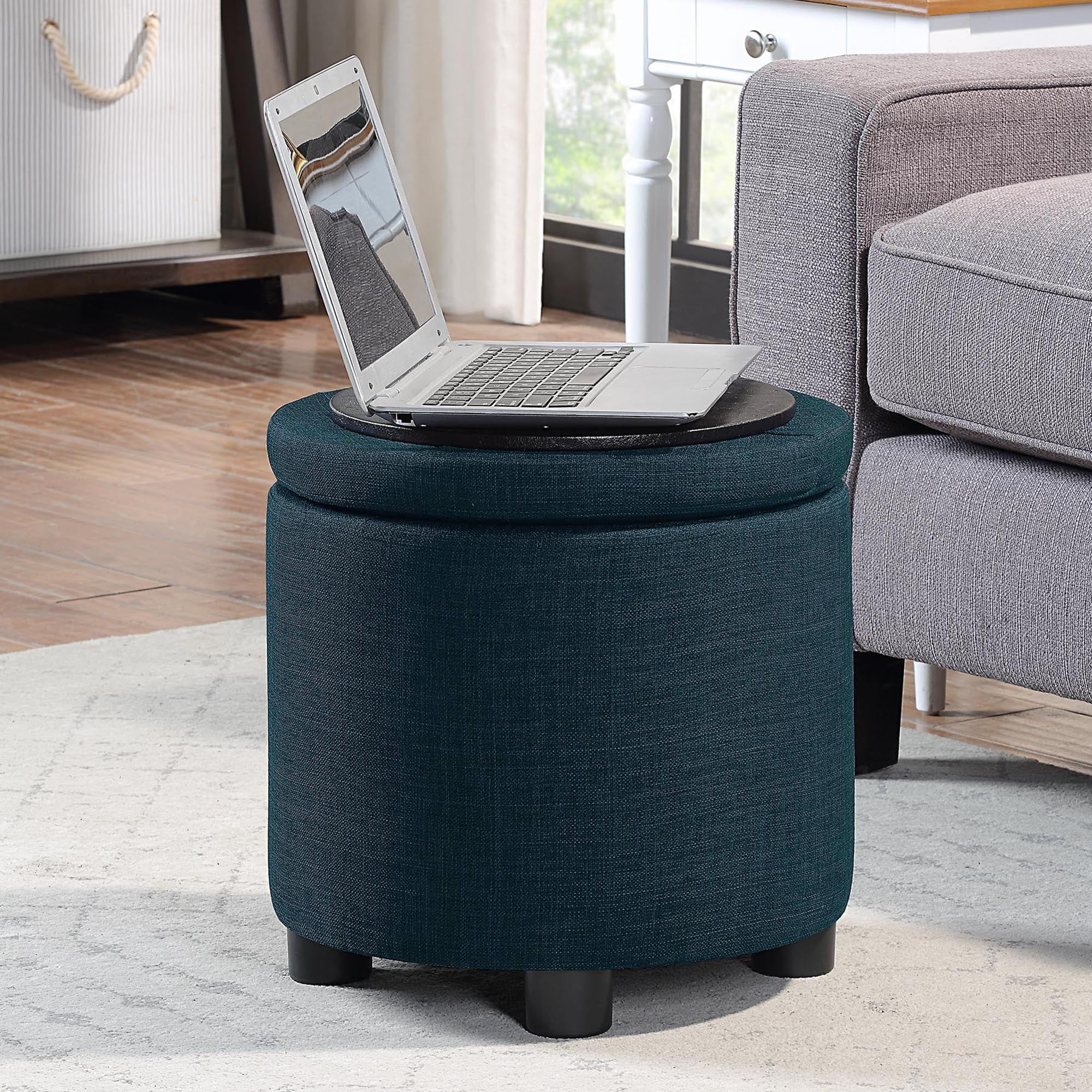 Designs4Comfort Round Accent Storage Ottoman with Reversible Tray Lid, Dark Blue Fabric