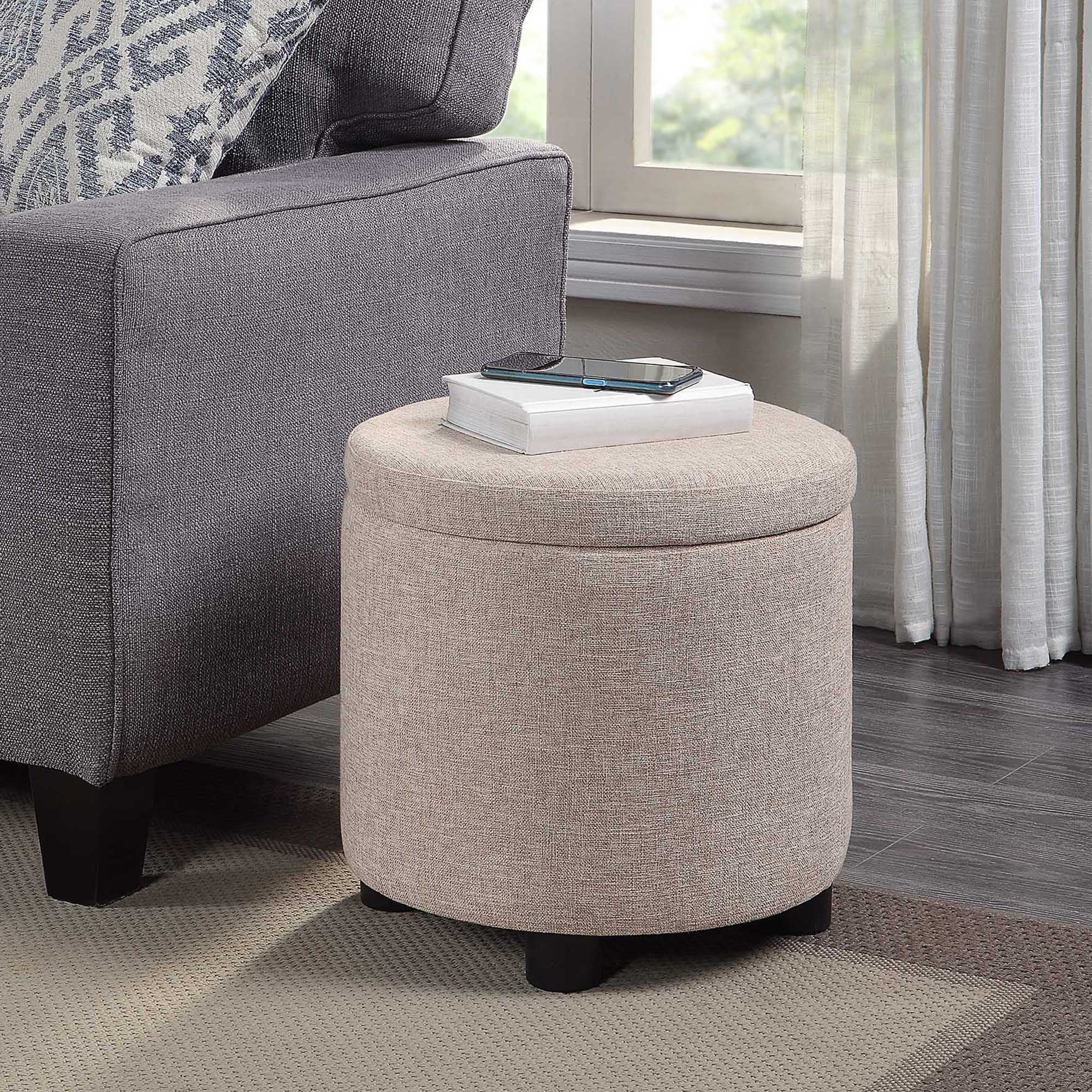 Designs4Comfort Round Accent Storage Ottoman with Reversible Tray Lid, Tan Fabric