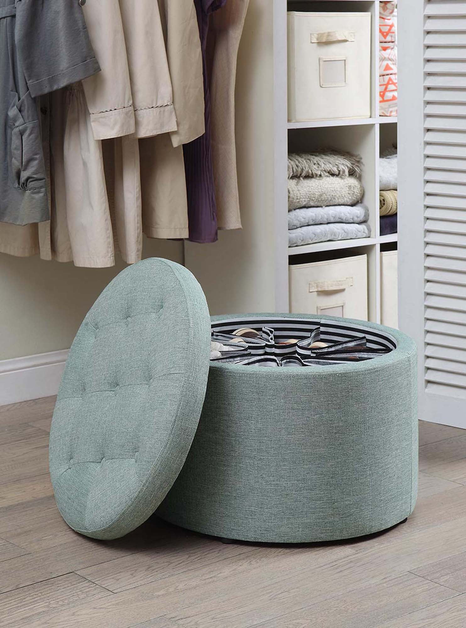 Tufted Round Green Faux Linen Shoe Ottoman with 12 Compartments