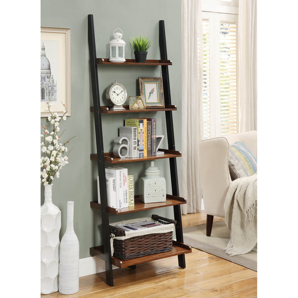 Convenience Concepts French Country Bookshelf Ladder in Dark Brown Walnut Wood