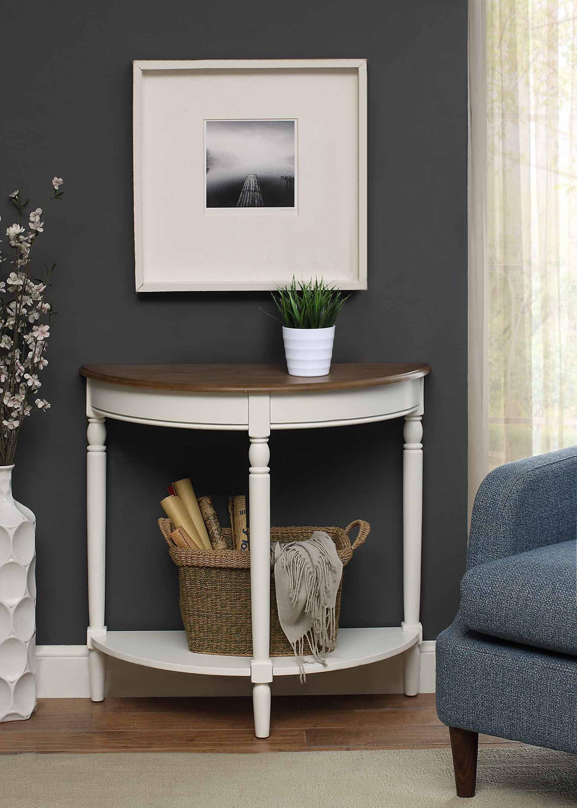 Convenience Concepts French Country Half-Round Entryway Table with Shelf, Driftwood/White