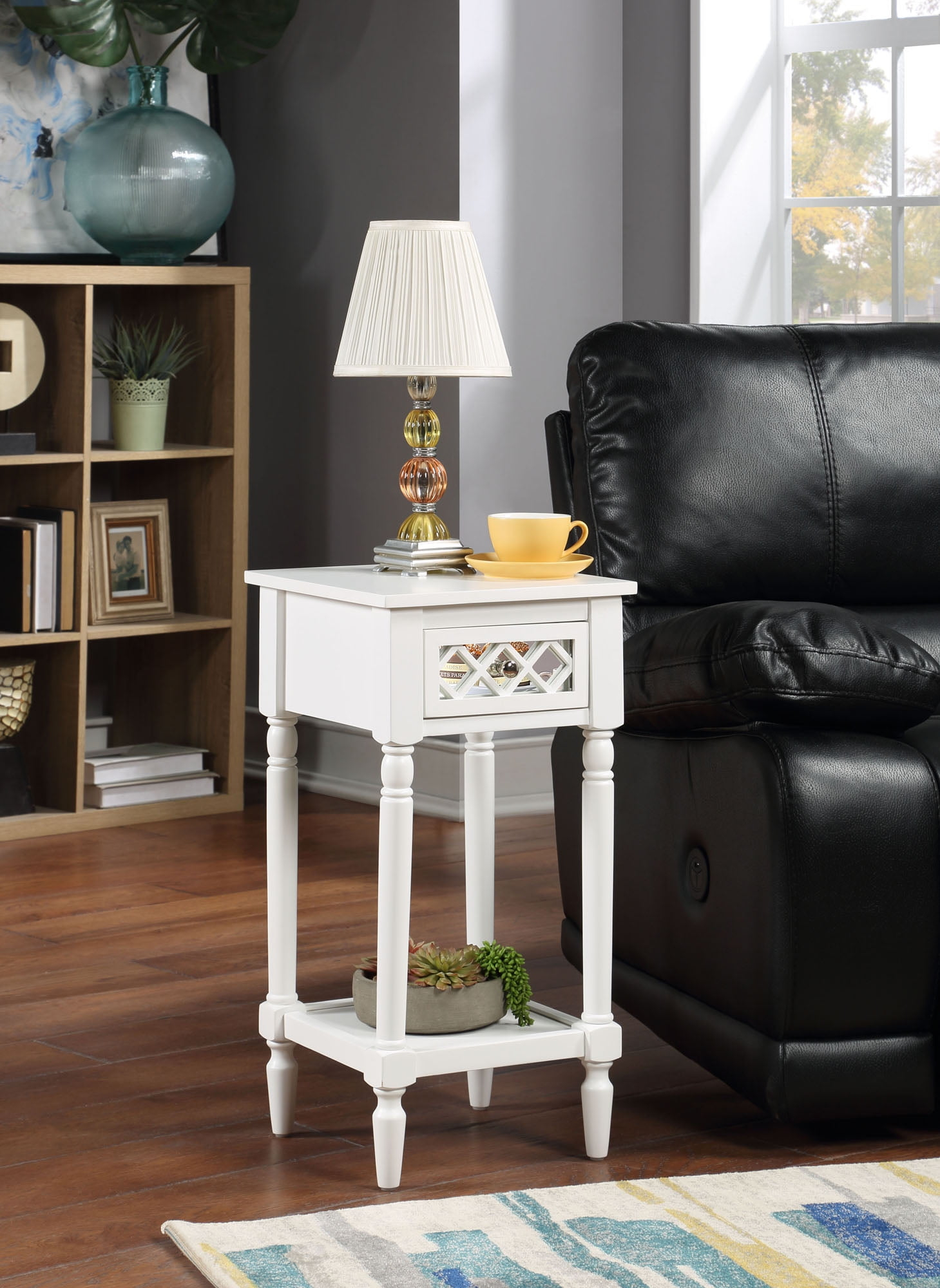 Convenience Concepts French Country Khloe Deluxe 1 Drawer Accent End Table 14" - Traditional Farmhouse Side Table with Mirrored Storage Drawer and Shelf for Living Room, White