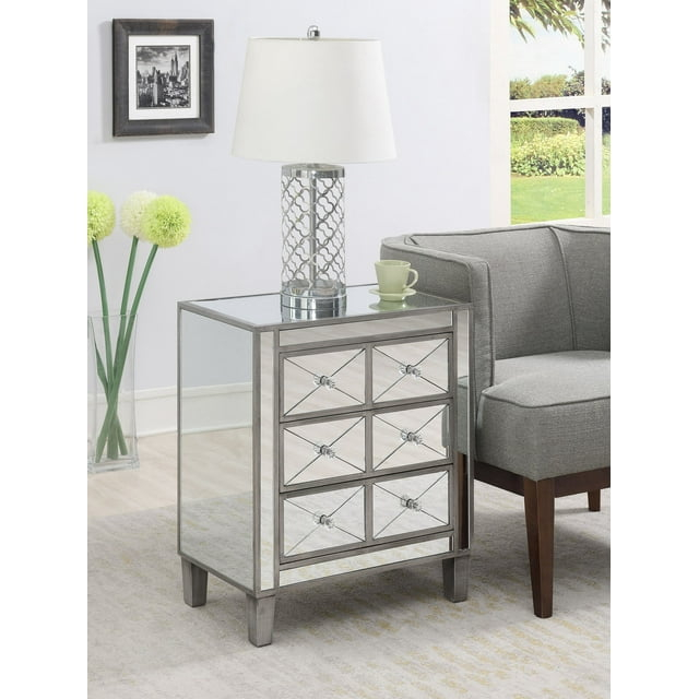 Convenience Concepts Gold Coast BettyB Mirrored 3 Drawer End Table, Antique Silver/Mirror
