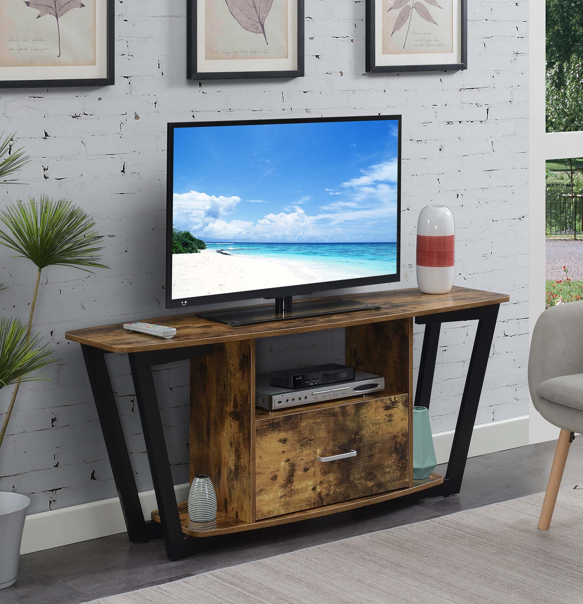 Convenience Concepts Graystone 60 inch 1 Drawer TV Stand with Shelves, Barnwood/Black