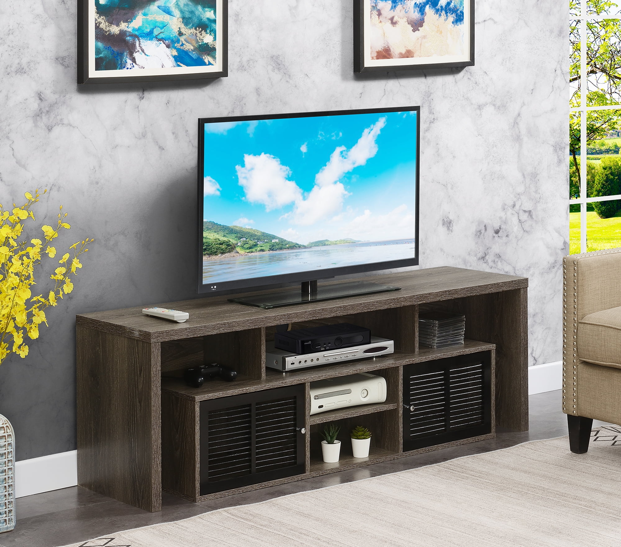 Convenience Concepts Lexington TV Stand with Storage Cabinets and Shelves, Maximum Screen Size 65", Weathered Gray & Black