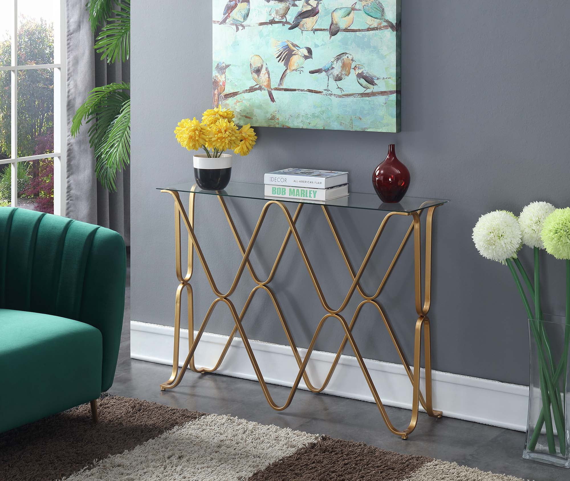 Convenience Concepts Neptune Console Table in Glass Top and Gold Metal Frame Finish