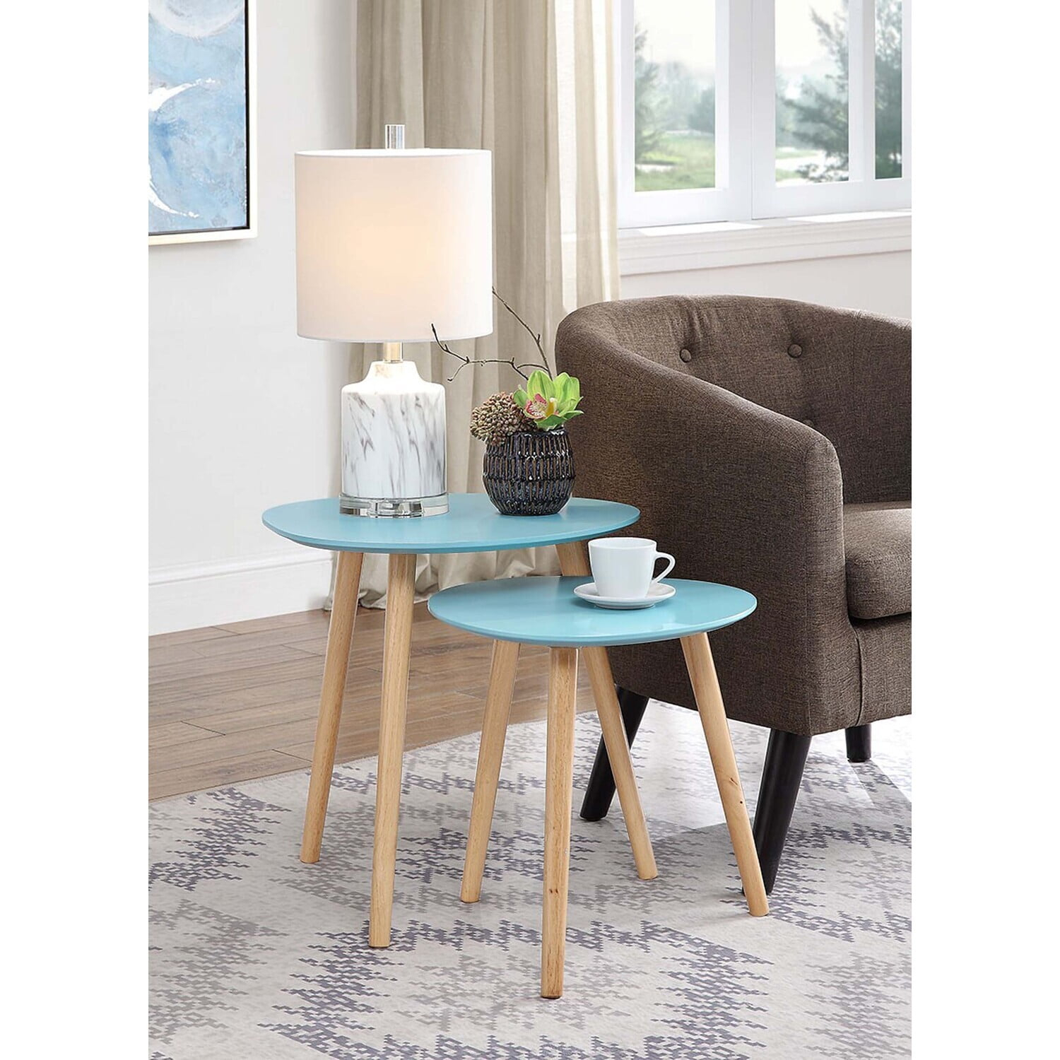 Convenience Concepts No Tools Oslo Nesting End Tables, Sea Foam/Light Oak