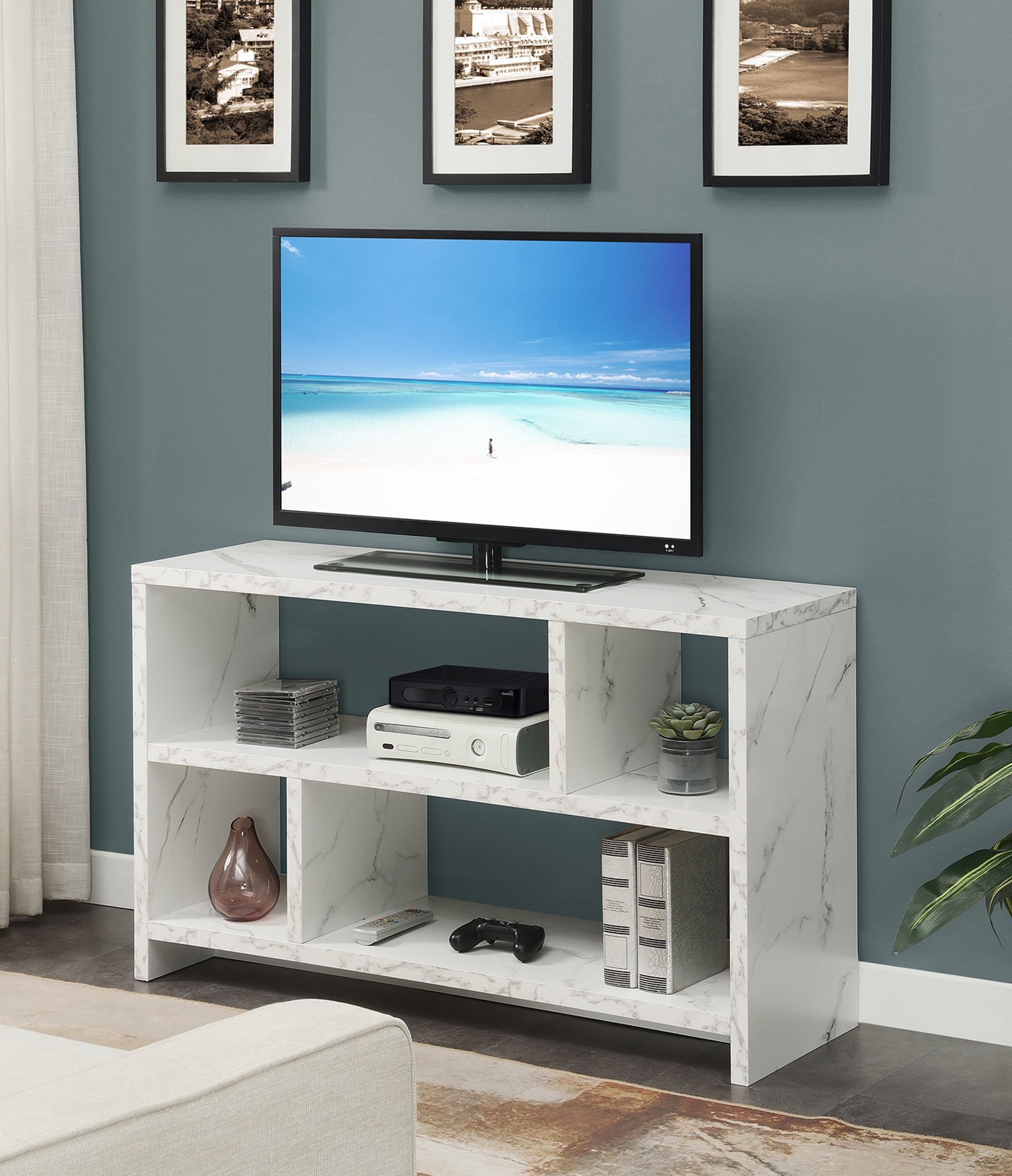 Convenience Concepts Northfield 55 inch TV Stand Console with Shelves, White Faux Marble