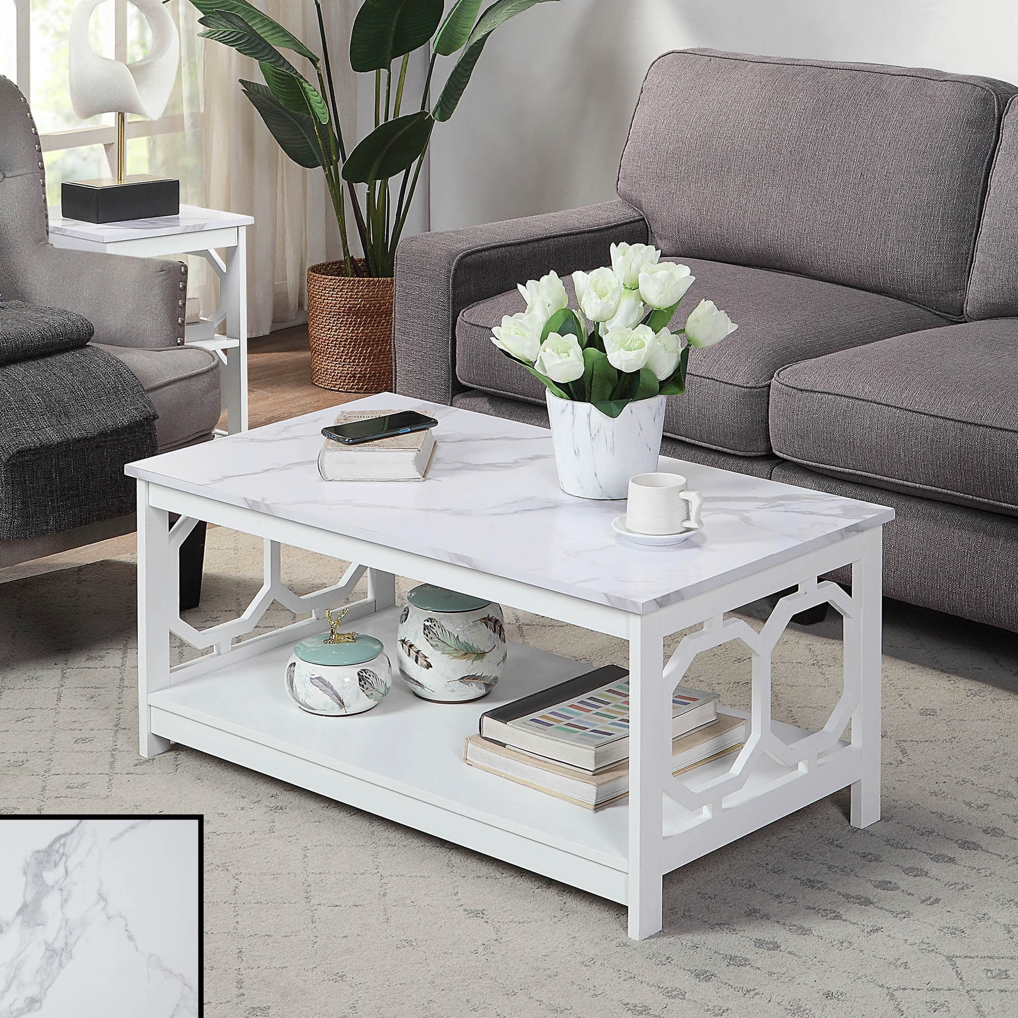 Convenience Concepts Omega Coffee Table with Shelf, White Faux Marble/White