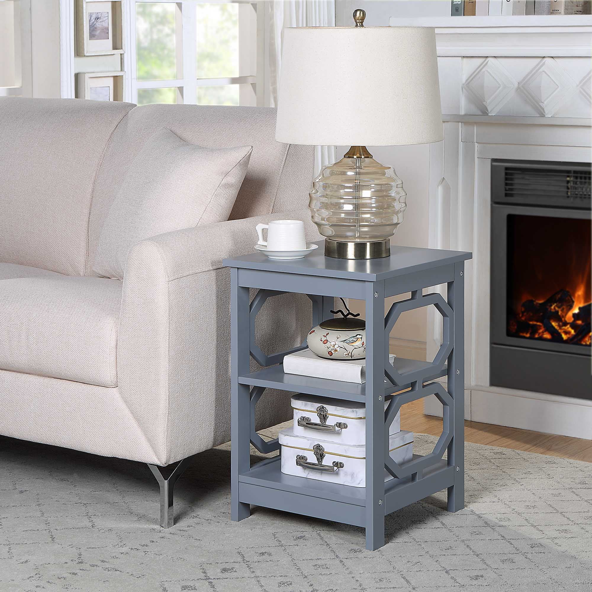 Gray Round Wood End Table with Shelves