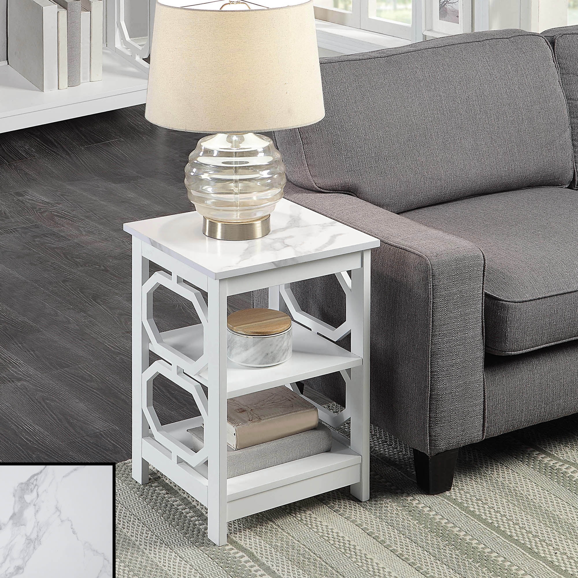 Convenience Concepts Omega End Table with Shelves, White Faux Marble/White