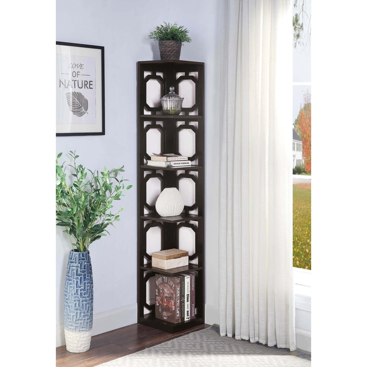 Convenience Concepts Omega Five-Tier Corner Bookcase in Espresso Wood Finish