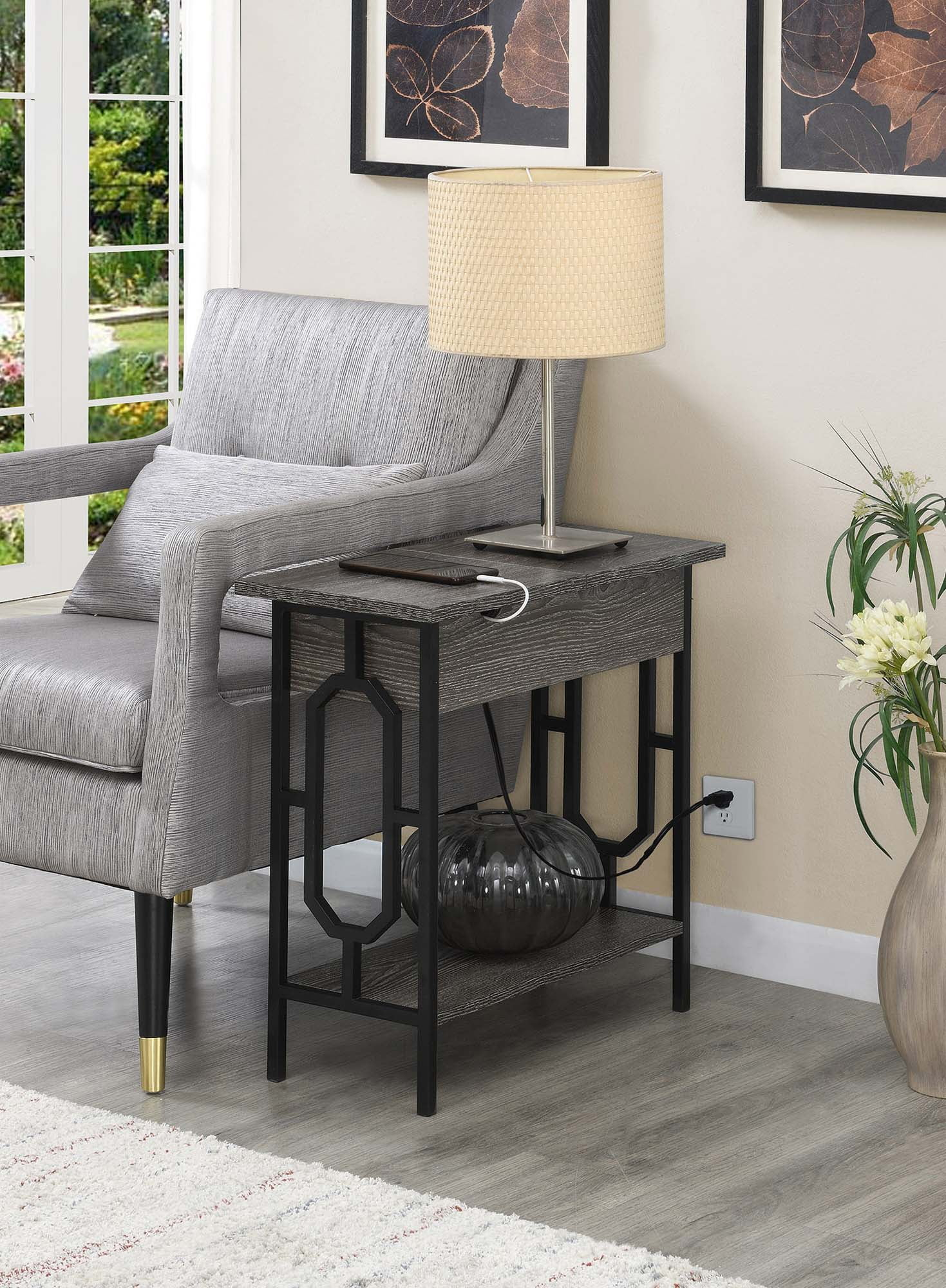 24 in. Omega Flip Top End Table with Charging Station, Weathered Gray Wood & Black