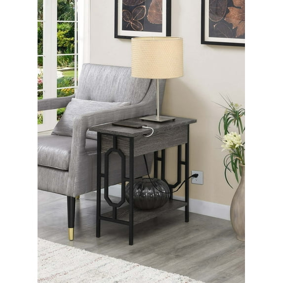 24 in. Omega Flip Top End Table with Charging Station, Weathered Gray Wood & Black