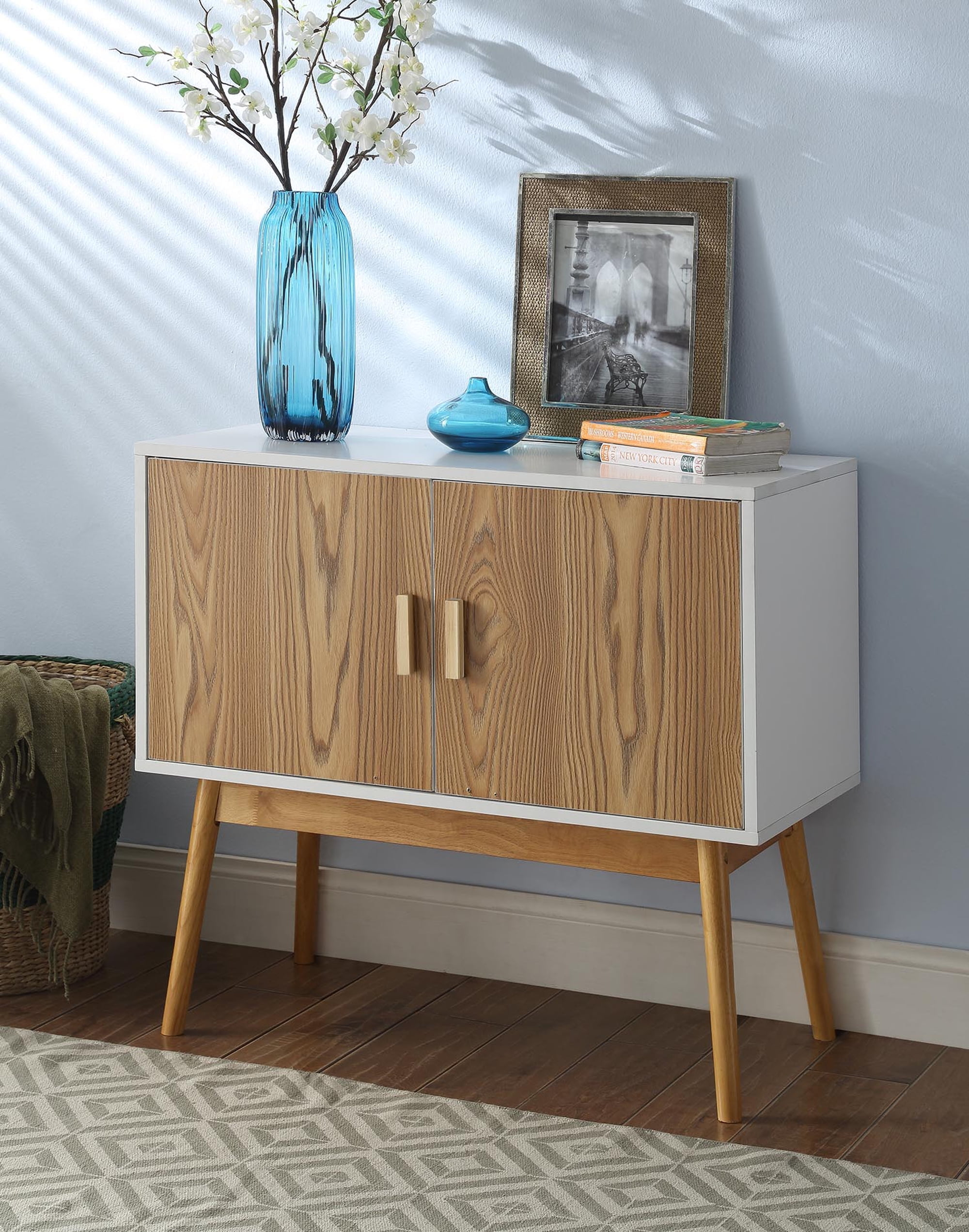 Convenience Concepts Oslo Storage Console with Cabinet and Shelves, White/Woodgrain