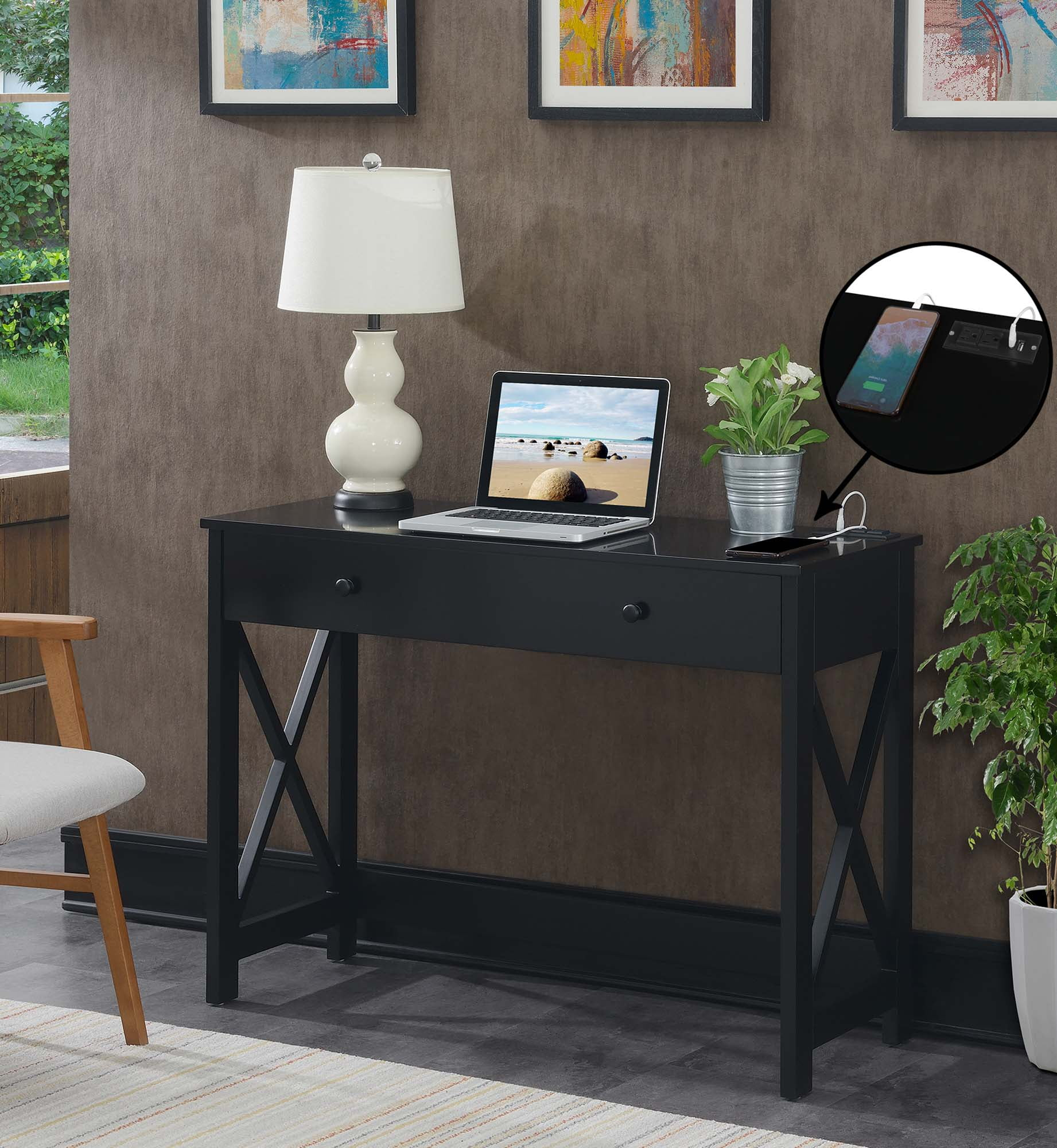 Convenience Concepts Oxford 1 Drawer 42-inch Desk with Charging Station, Black, All Ages