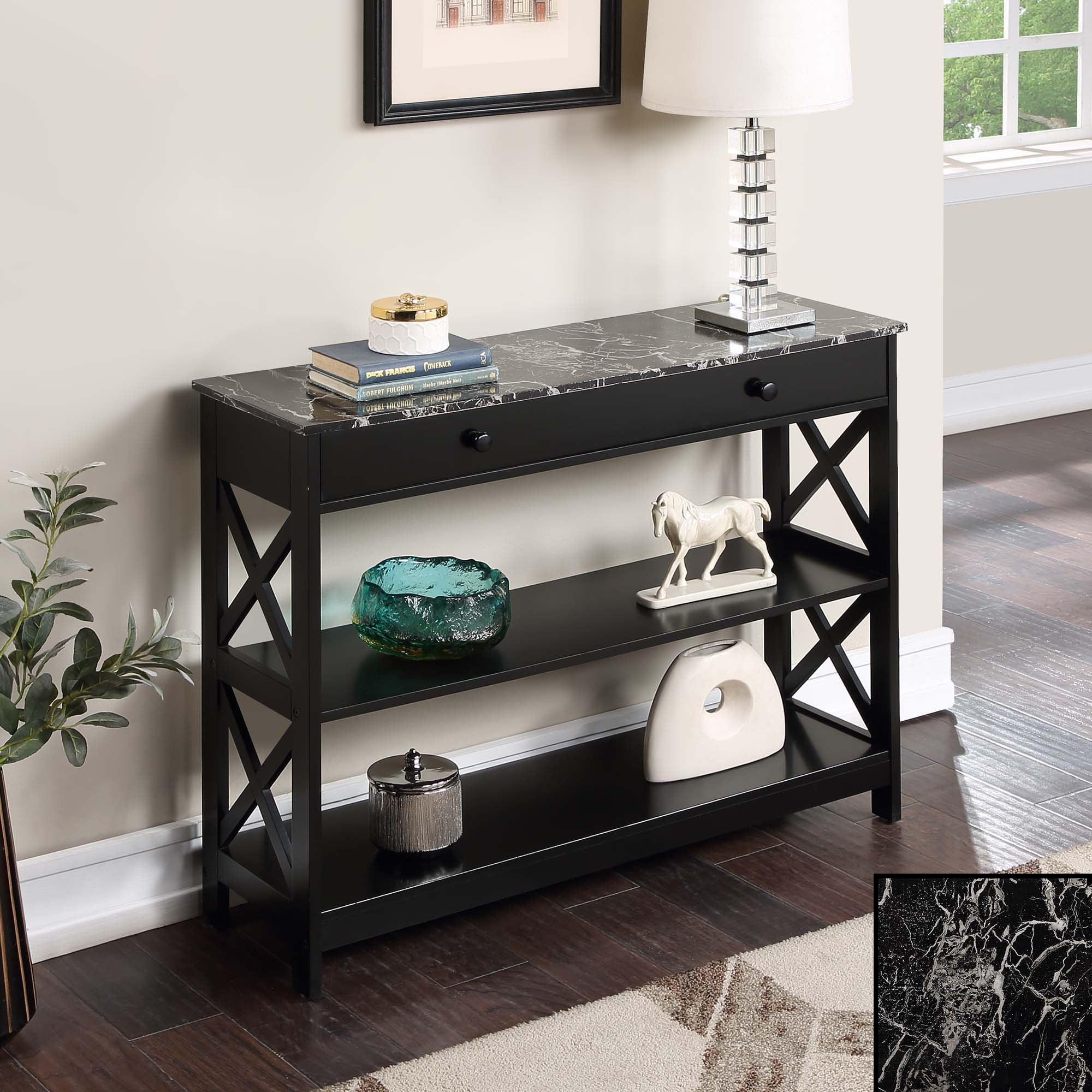 TiaGOC 1 Drawer Console Table with Shelves, Black Faux Marble/Black