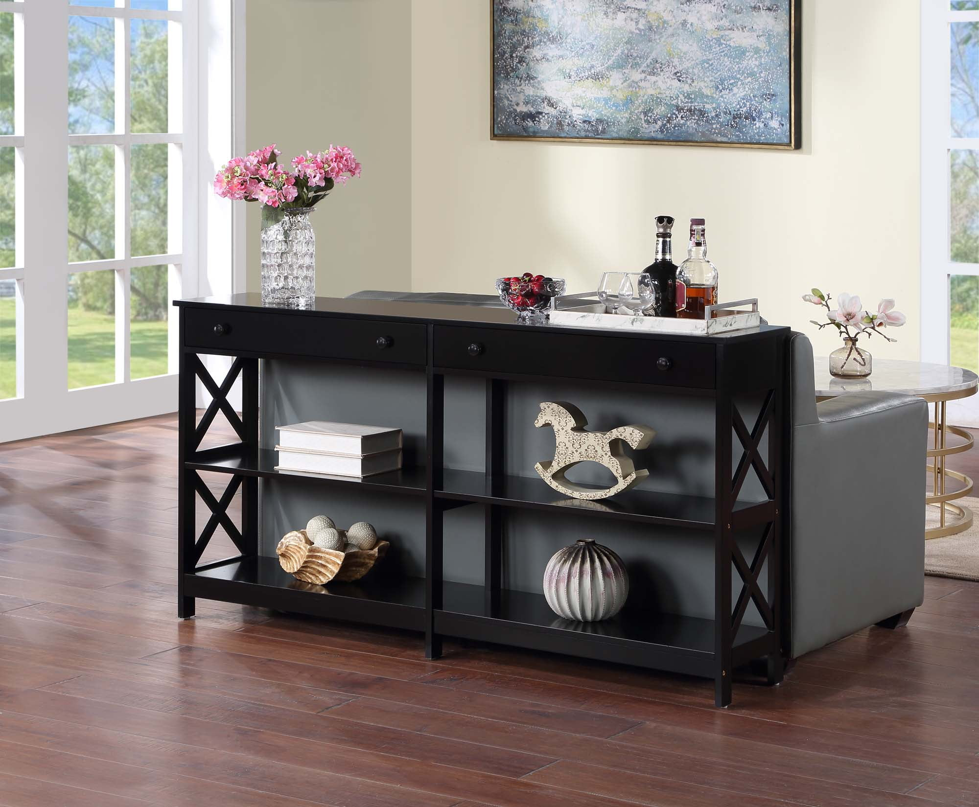 Convenience Concepts Oxford 2 Drawer 60 inch Console Table with Shelves, Black