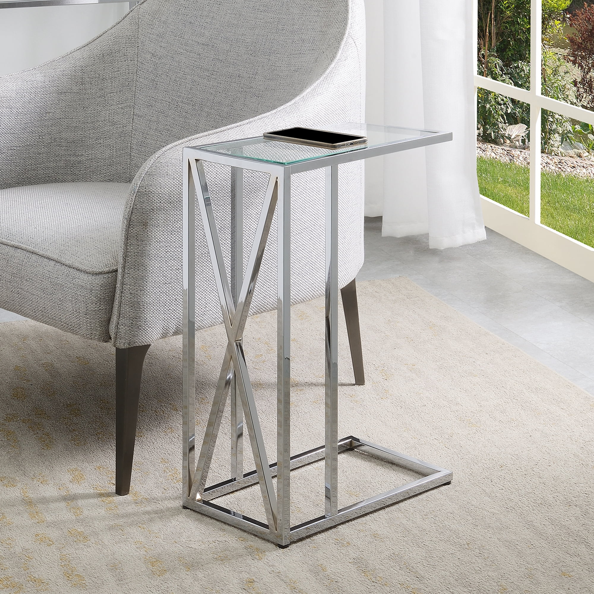 Convenience Concepts Oxford Chrome Glass C End Table in Glass & Chrome Frame
