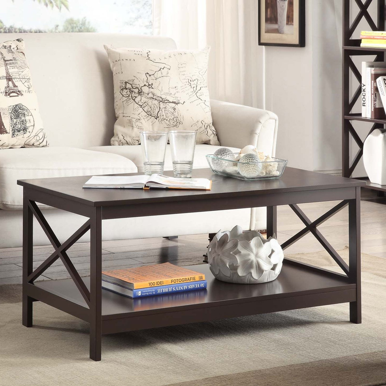 Convenience Concepts Oxford Coffee Table with Shelf in Espresso Wood Finish