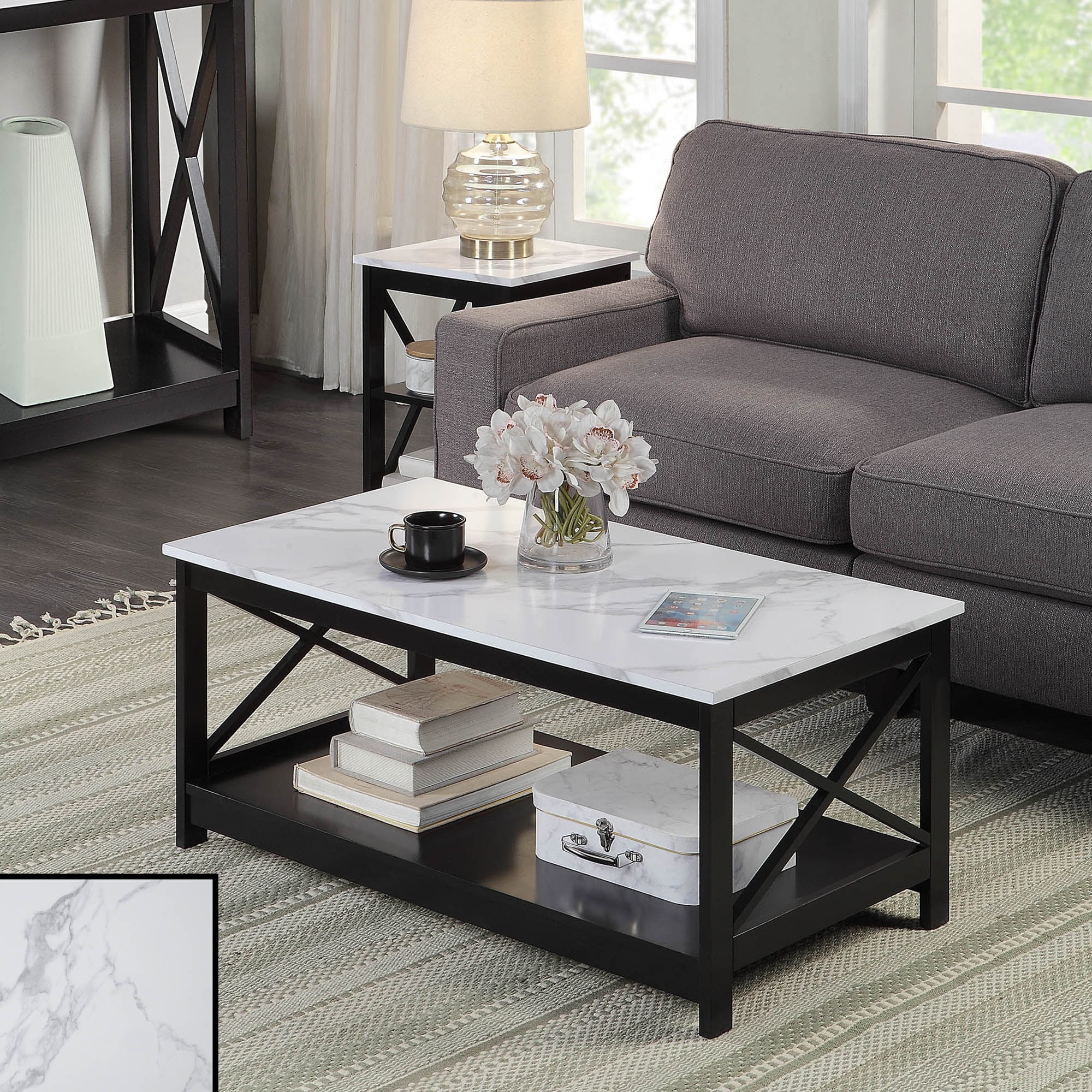 Convenience Concepts Oxford Coffee Table with Shelf, White Faux Marble/Black