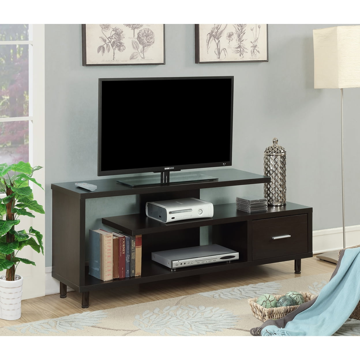 Convenience Concepts Seal II TV Stand 23.75" - 3-Tier Entertainment Center for TVs up to 65 Inches, Modern 1 Drawer TV Mount with Shelves for Living Room, Espresso