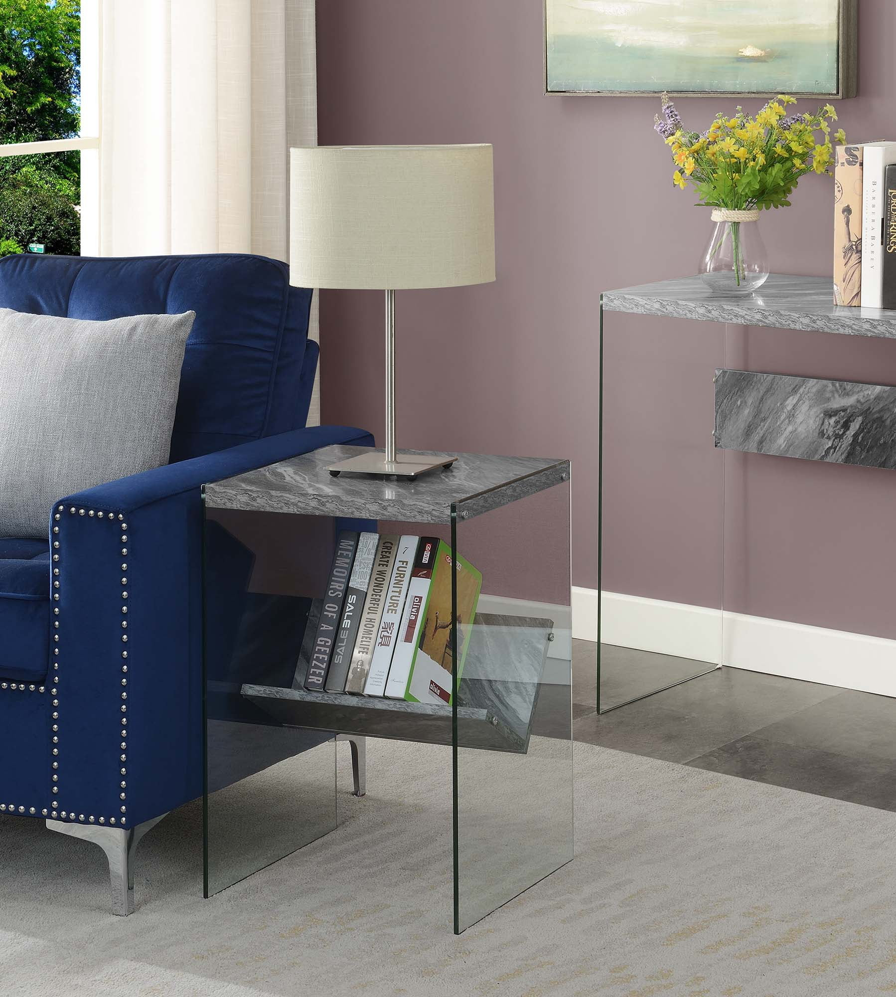 Convenience Concepts SoHo Glass End Table with Shelf, Gray Faux Marble/Glass
